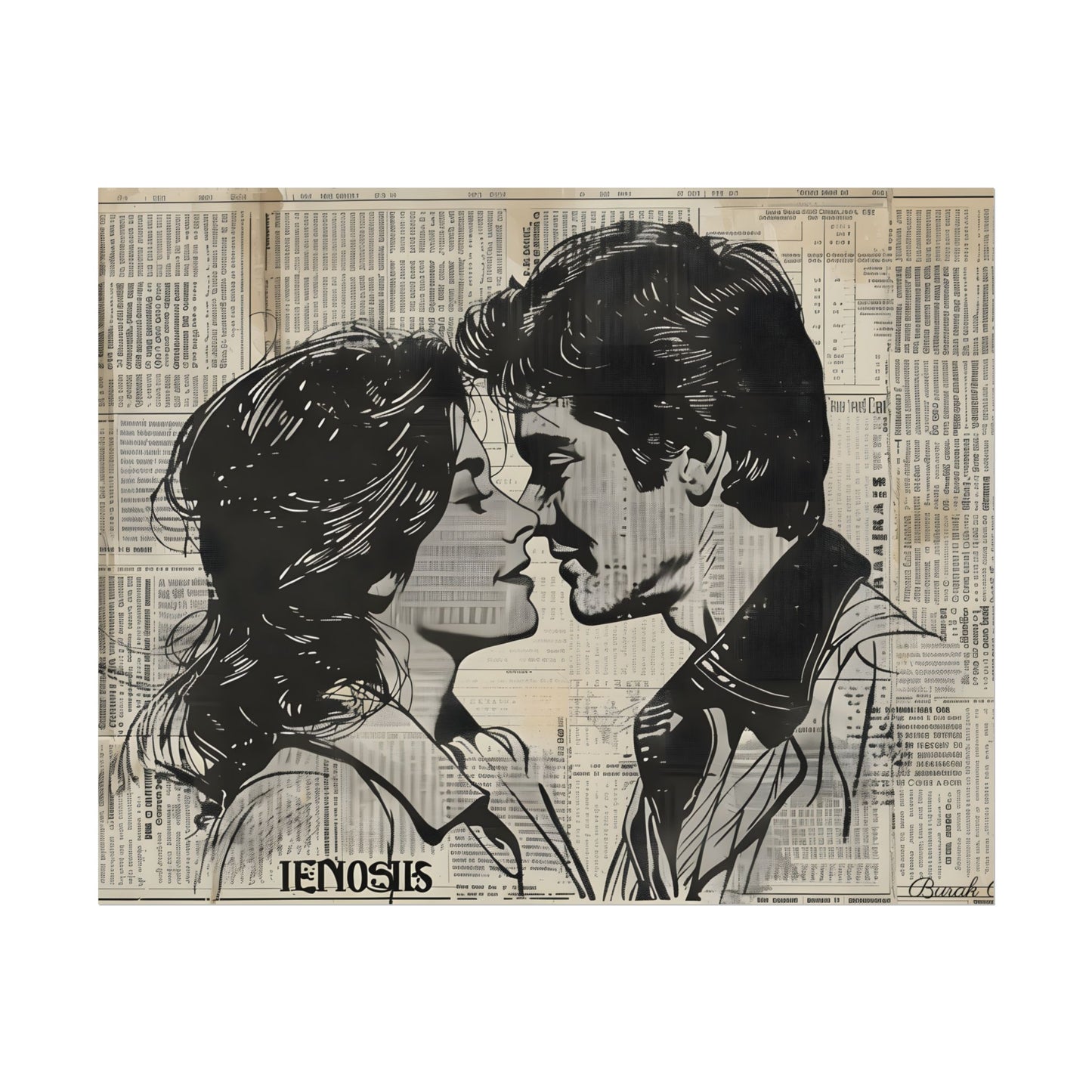 Vintage Romance Couples: Timeless Newsprint Art - Poster