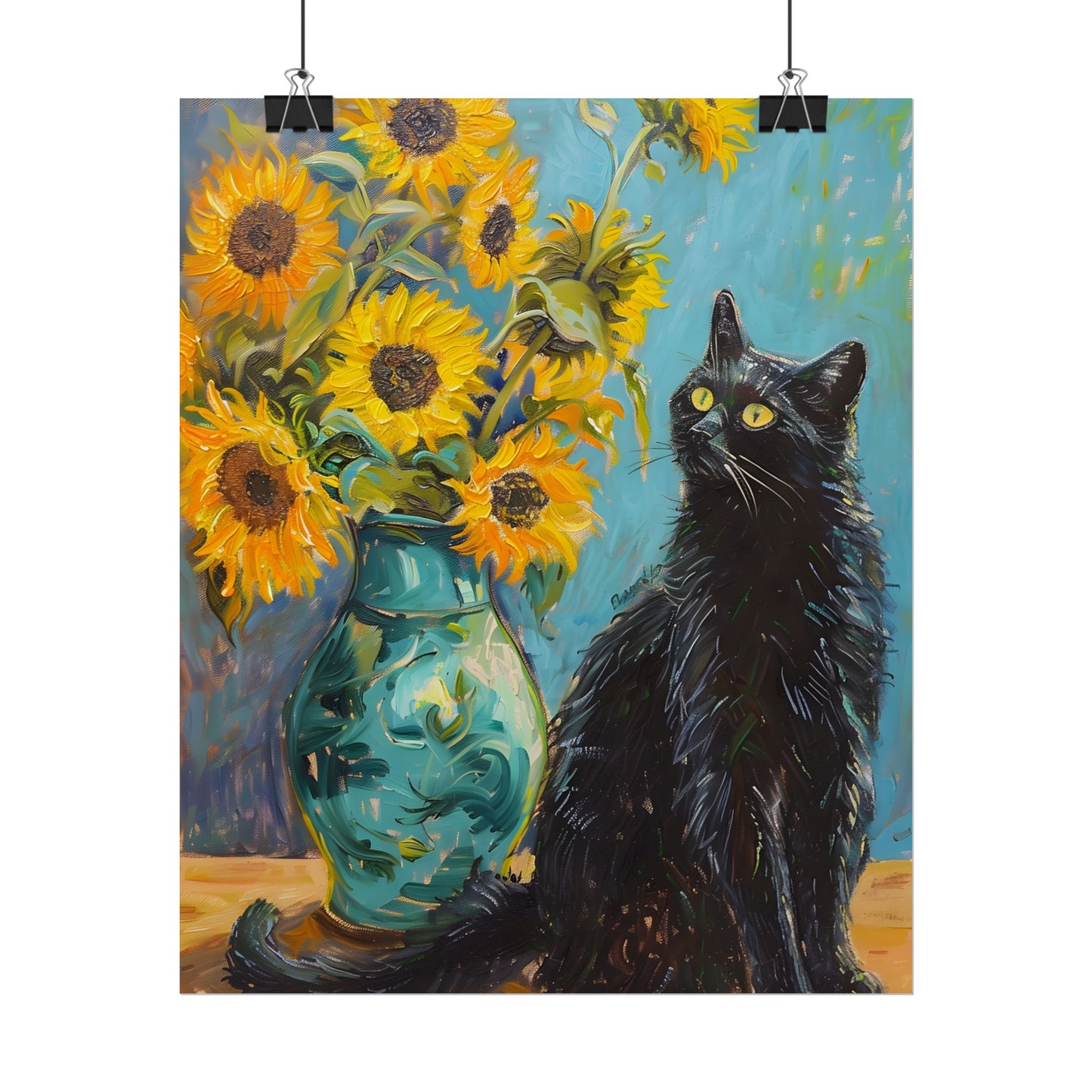 Whispers in the Garden: A Black Cat Among Sunflowers - Poster
