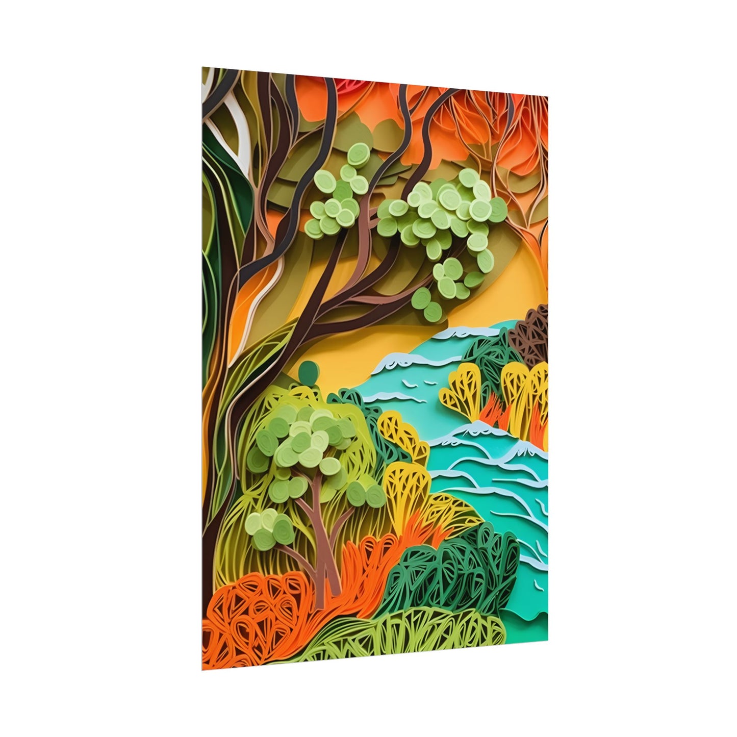 African Paper Quilled Landscape: Artwork in Brown and Green - Poster