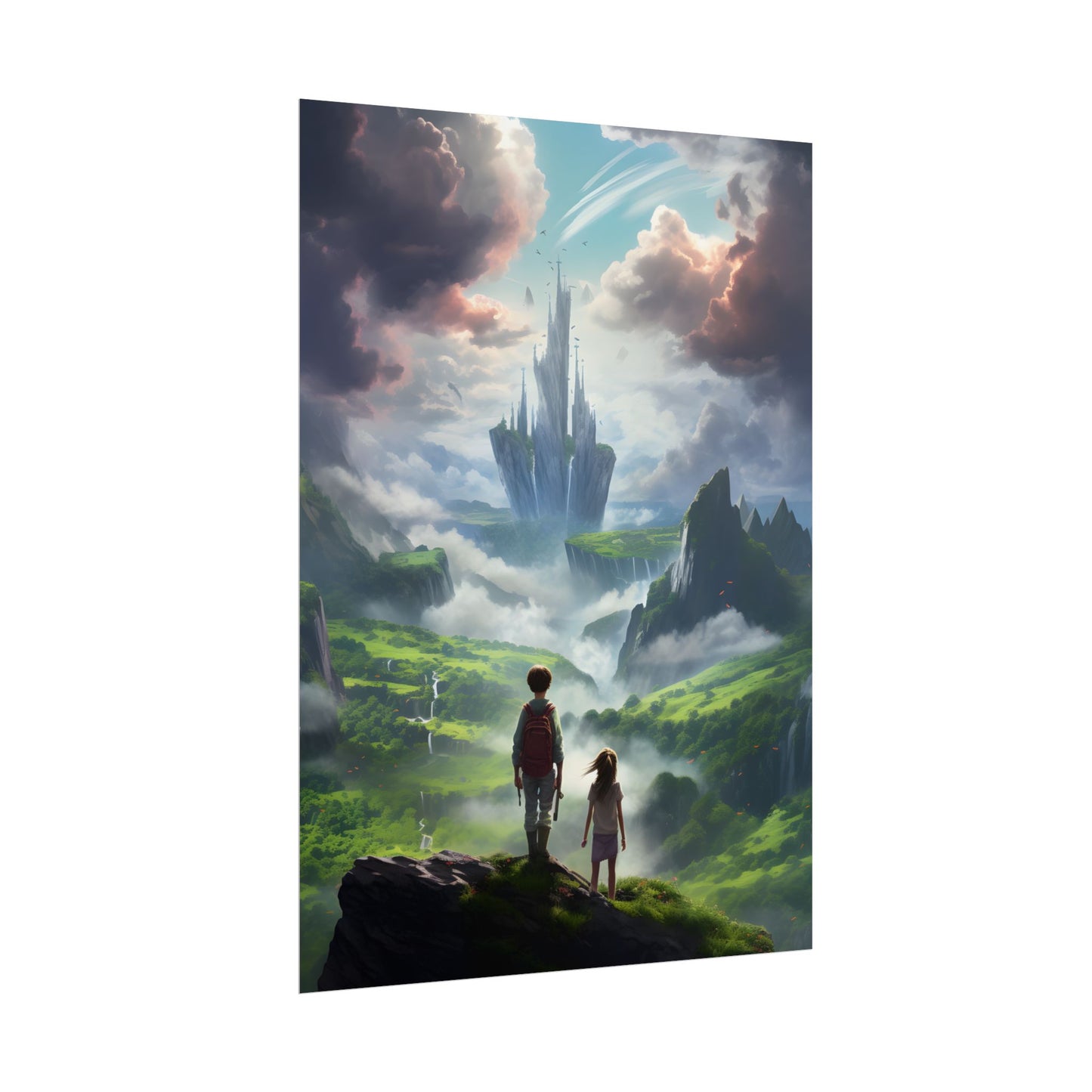 Girl and Boy in a Cloudy Meadow: Serene Outdoor Scene - Poster