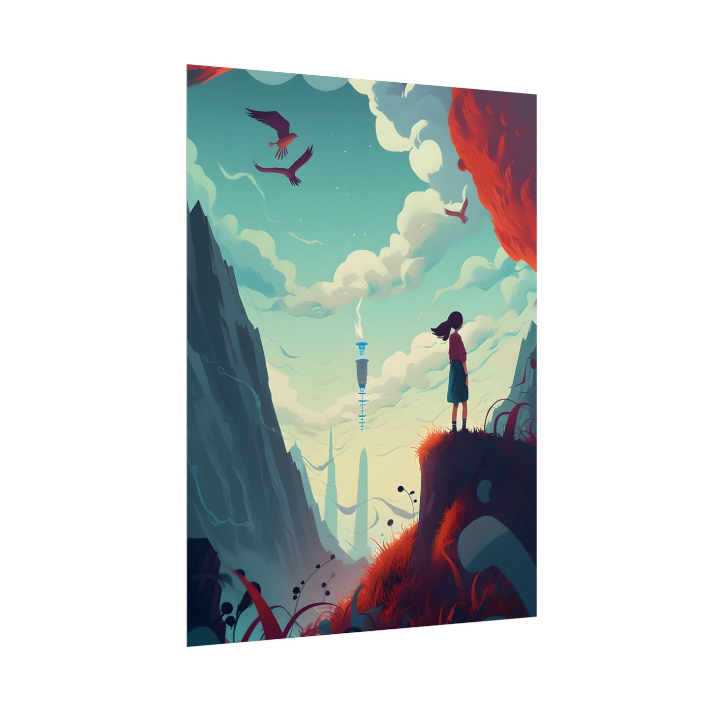 Cloudy Meadow: Boy and Girl in Serene Nature Scene - Poster