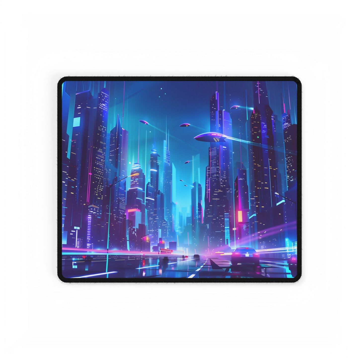 Futuristic Neon City: Towering Skyscrapers in a Vibrant Nighttime Sky - Desk Mat