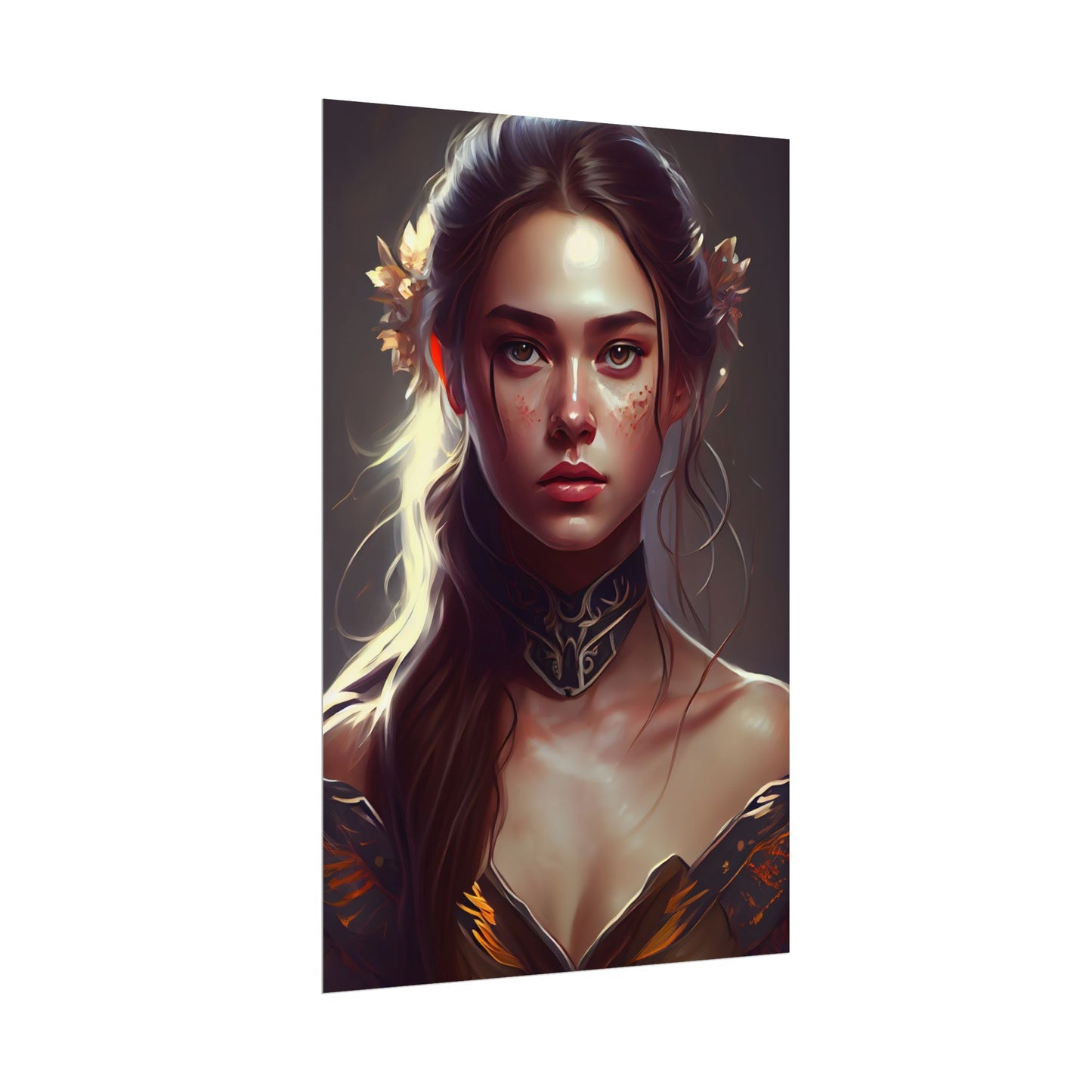 Stunning Female Portrait: Brown Hair Artwork in a Dramatic Style - Poster