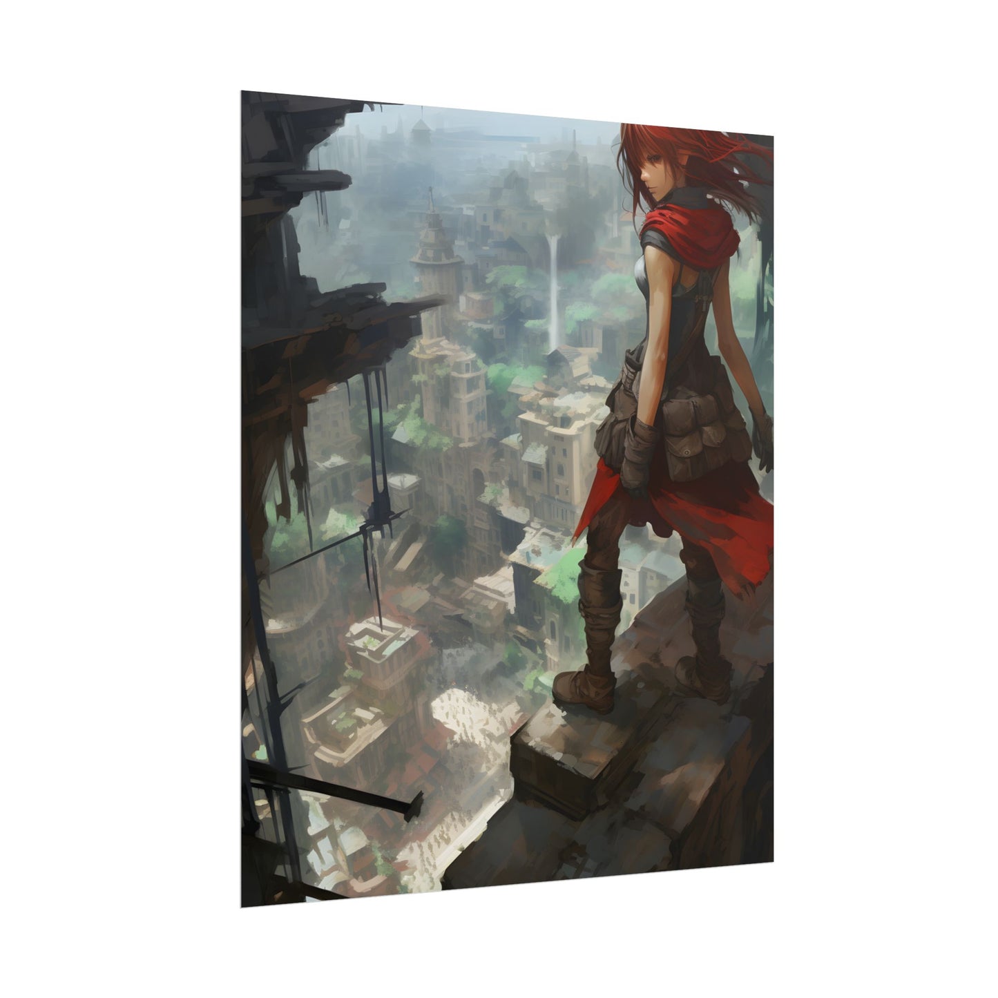 Dramatic Anime Bird's Eye View: Red Haired Heroine in Flight - Poster
