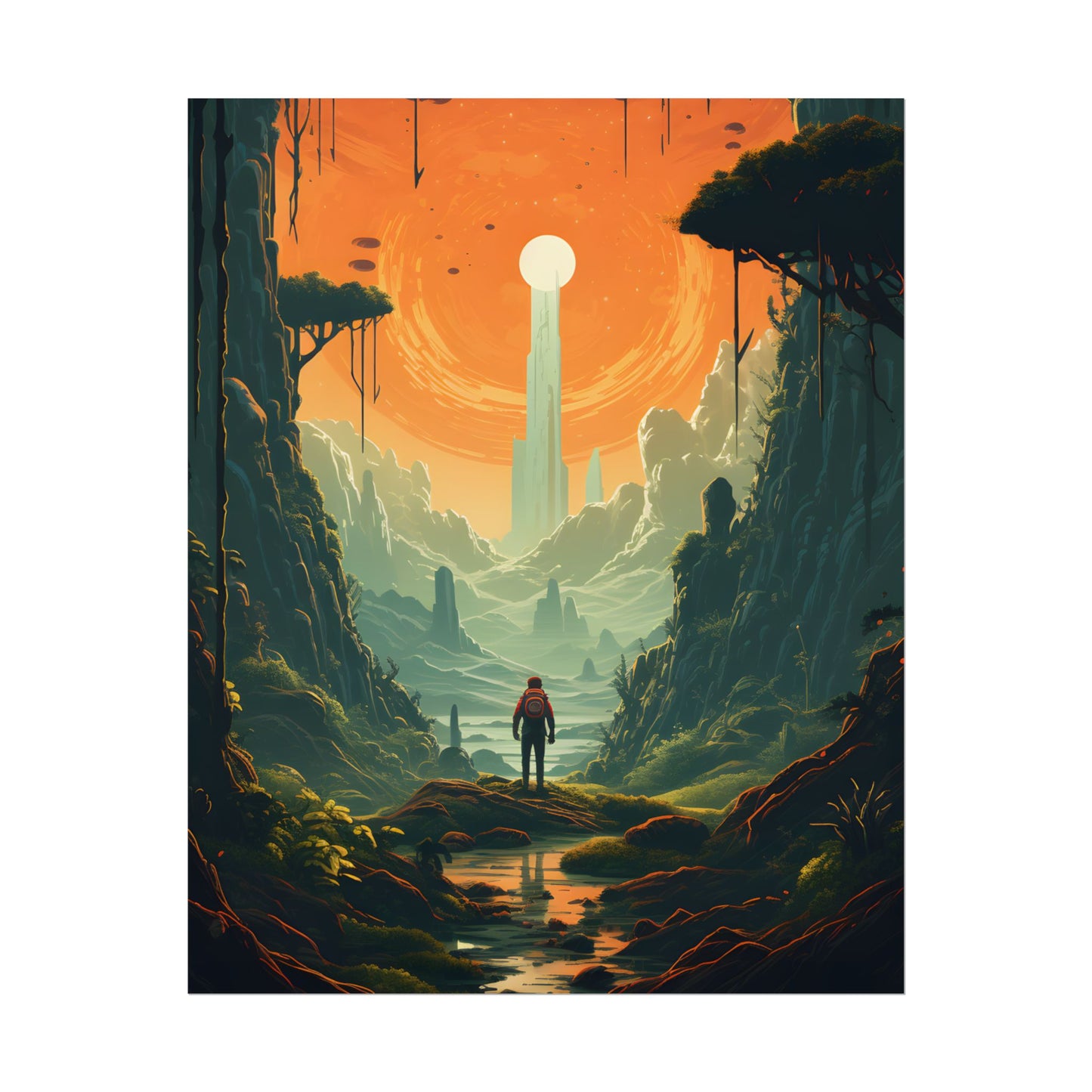 Futuristic Wilderness Explorer: Solo Discovery in Sci-Fi Terrain - Poster
