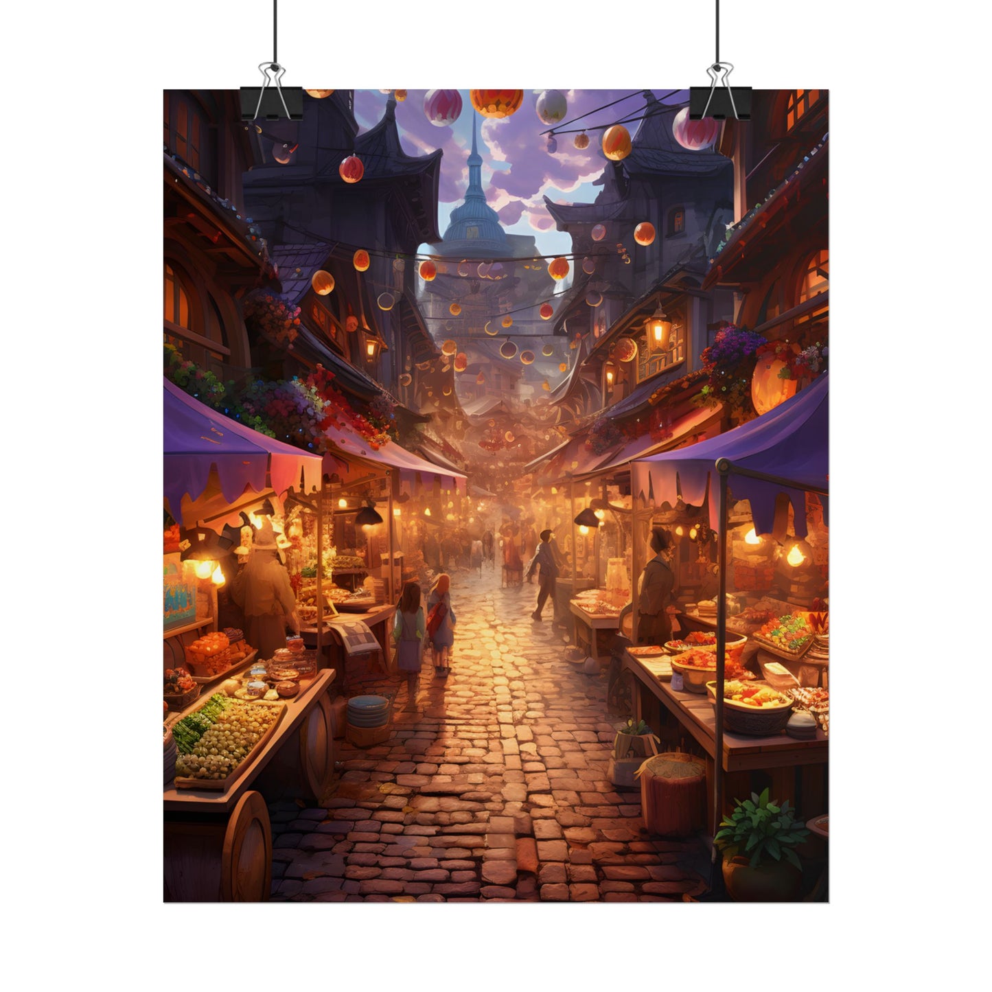 Magical Street Food Market: Vibrant Enchanted Scene Art - Poster