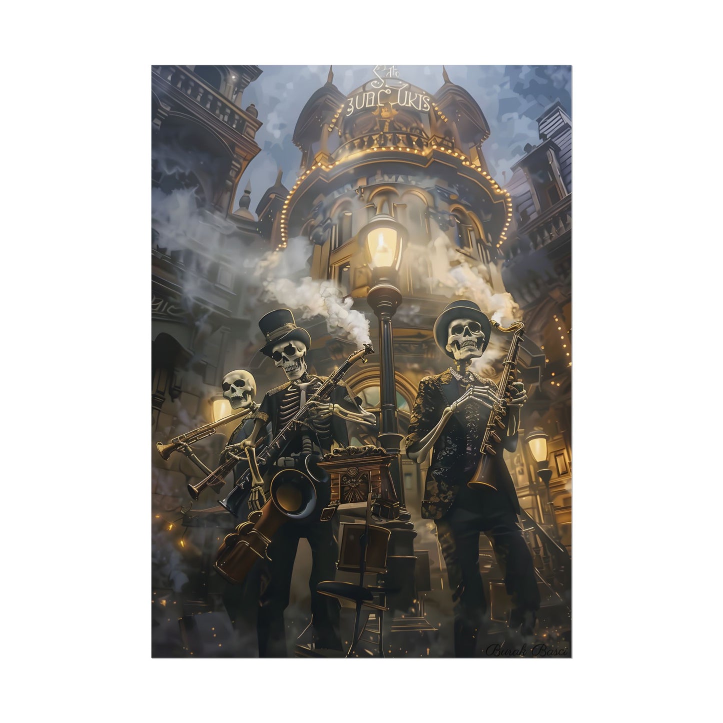 Victorian Skeleton Jazz Band: Nostalgic Lowbrow Art Piece - Poster