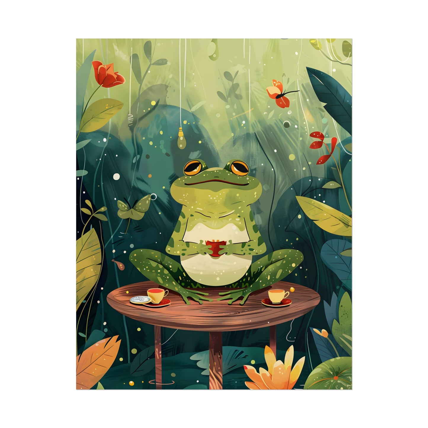Whimsical Frog on Water: Playful Lily Pad Illustration - Poster