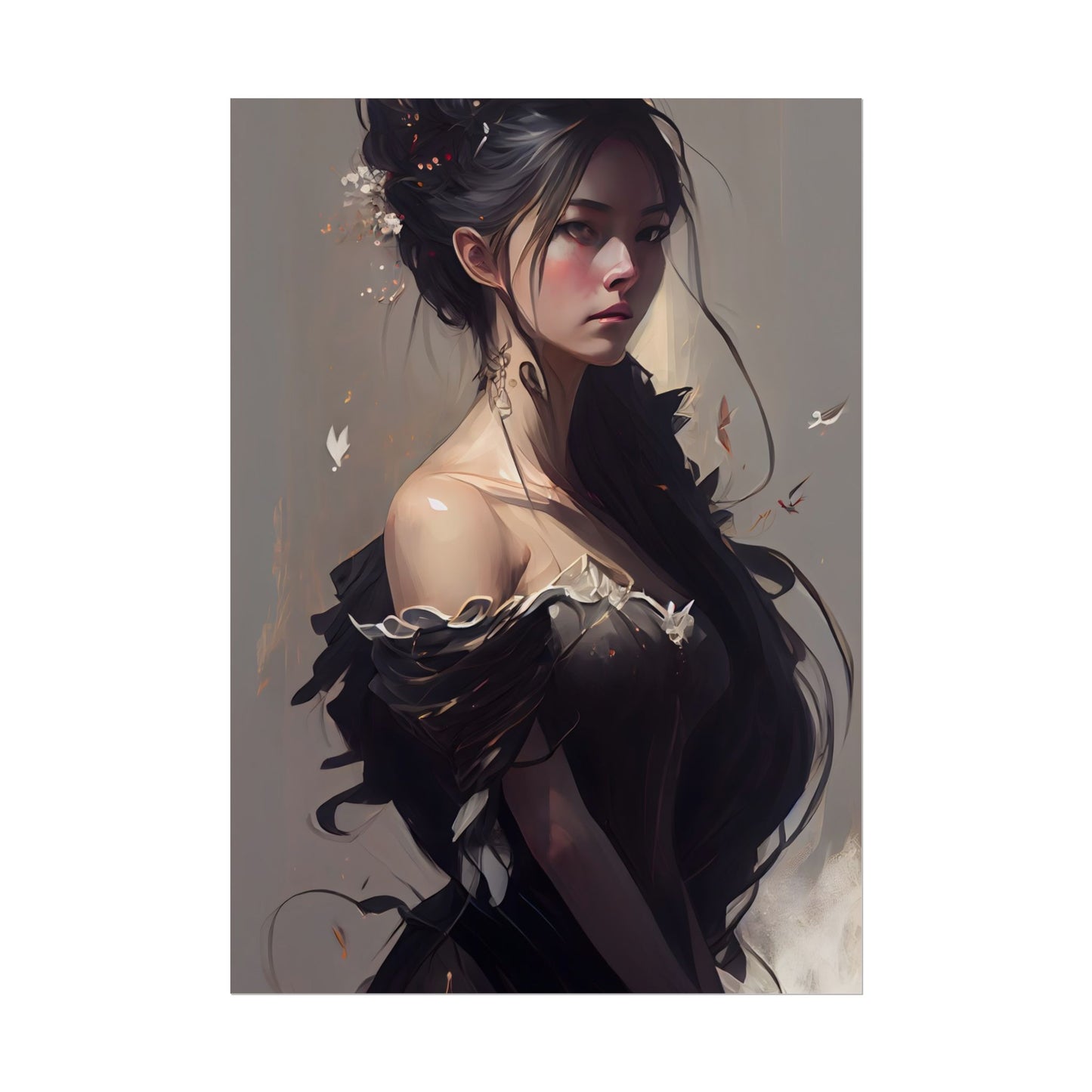 Elegant Black Hair Portrait: Beautiful Female in Dress Art - Poster