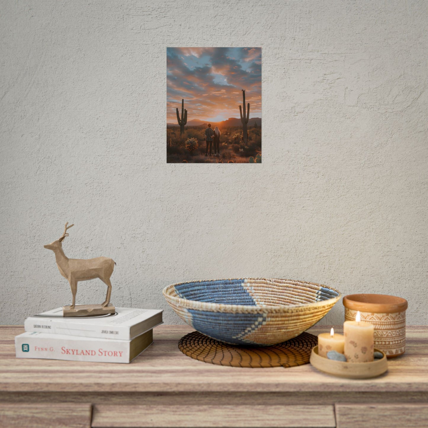 Warm Embrace Under Desert Sunset: People Standing Together in Golden Hour - Poster