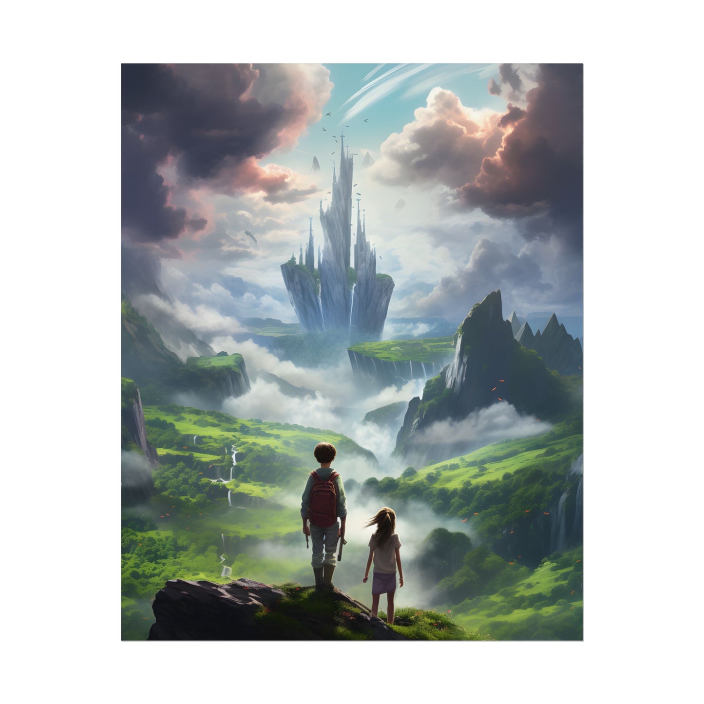 Girl and Boy in a Cloudy Meadow: Serene Outdoor Scene - Poster