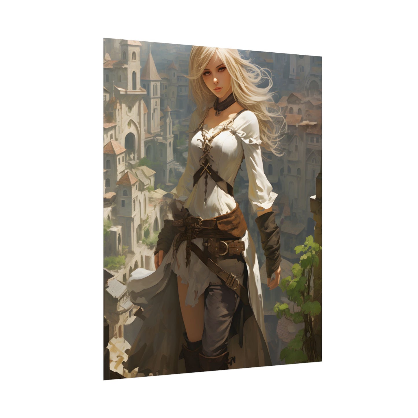 Anime Bird's Eye View Portrait: Blonde Beauty in Motion - Poster