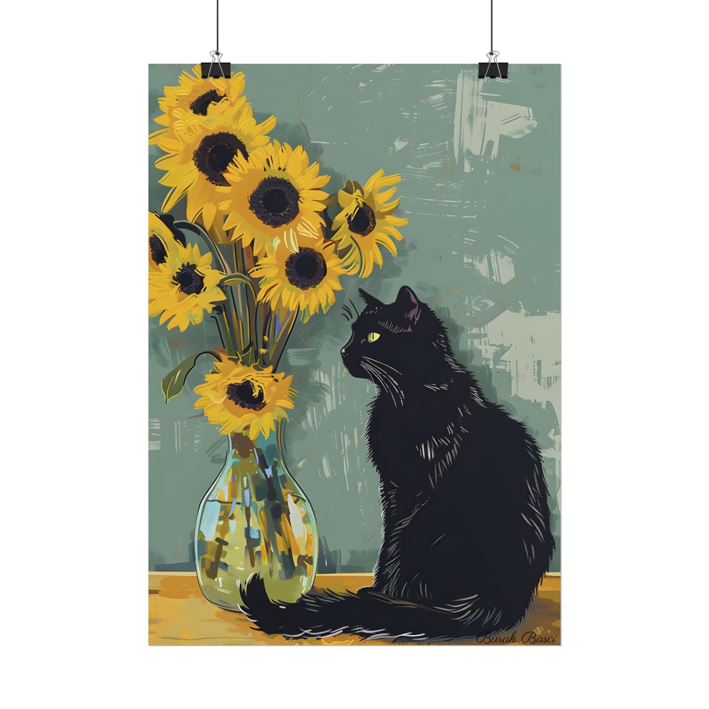 Whispers in the Sun: A Black Cat's Serene Moment with Sunflowers - Poster