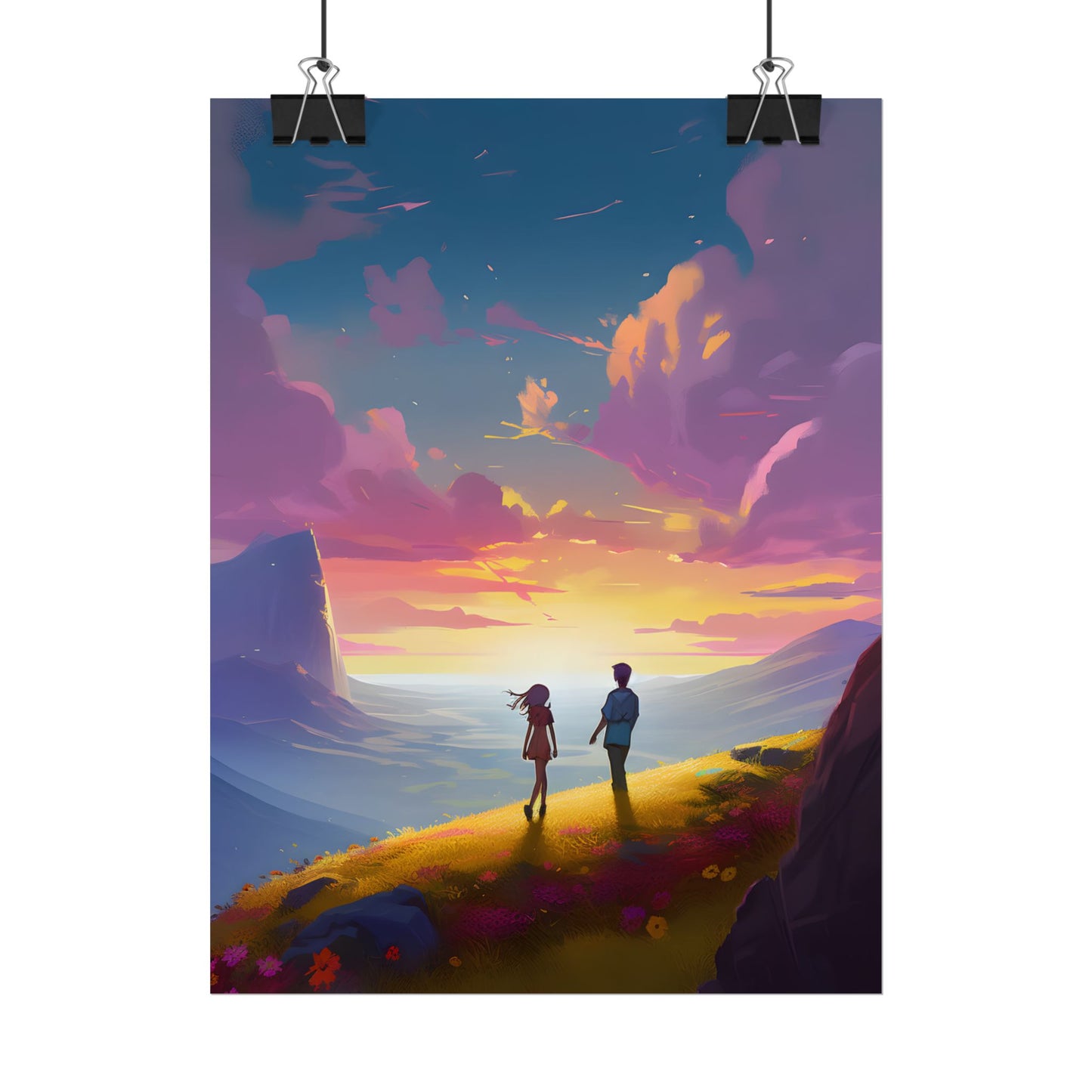 Young Love in a Cloudy Meadow: A Heartwarming Artwork - Poster