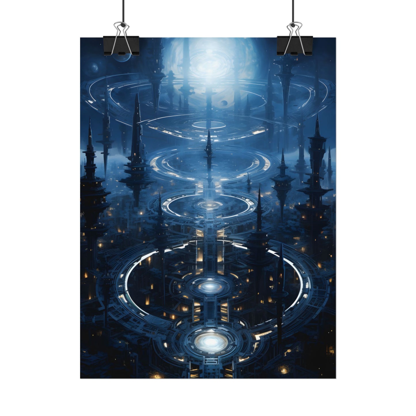 Aetherial Space Station: Galactic Hub in Vibrant Blue Nebula - Poster