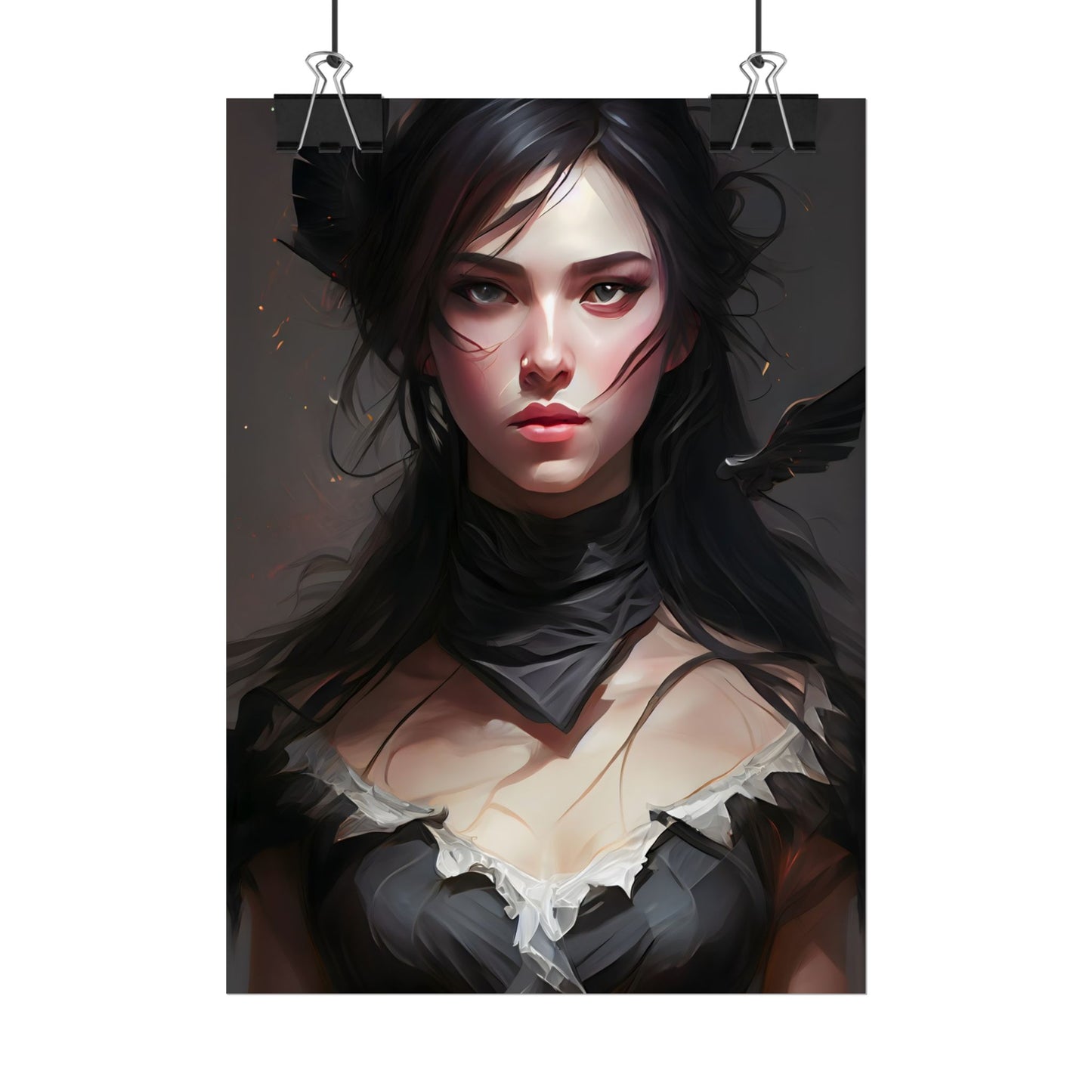 Female Portrait: Black Hair Artwork in Dark Background - Poster