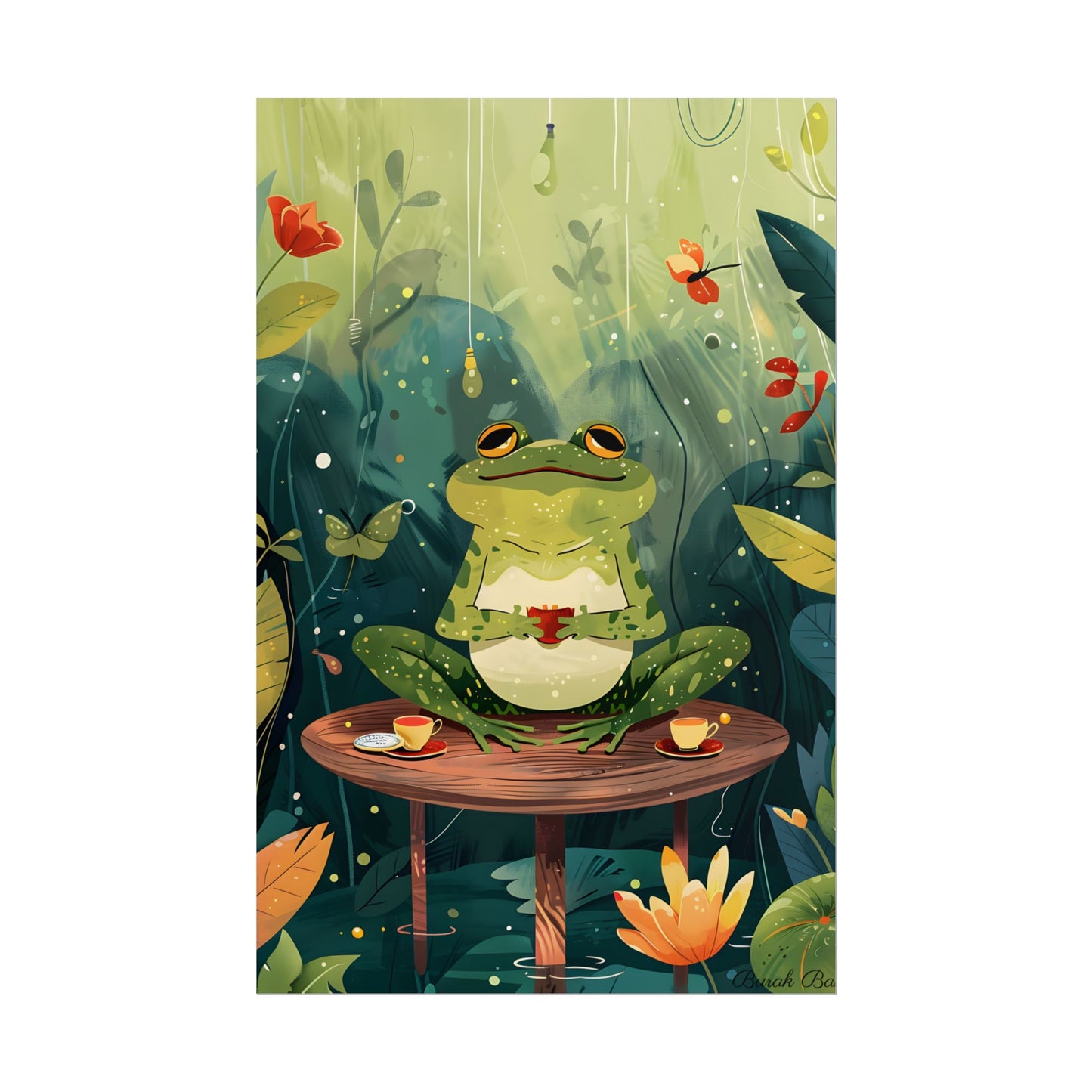 Whimsical Frog on Water: Playful Lily Pad Illustration - Poster