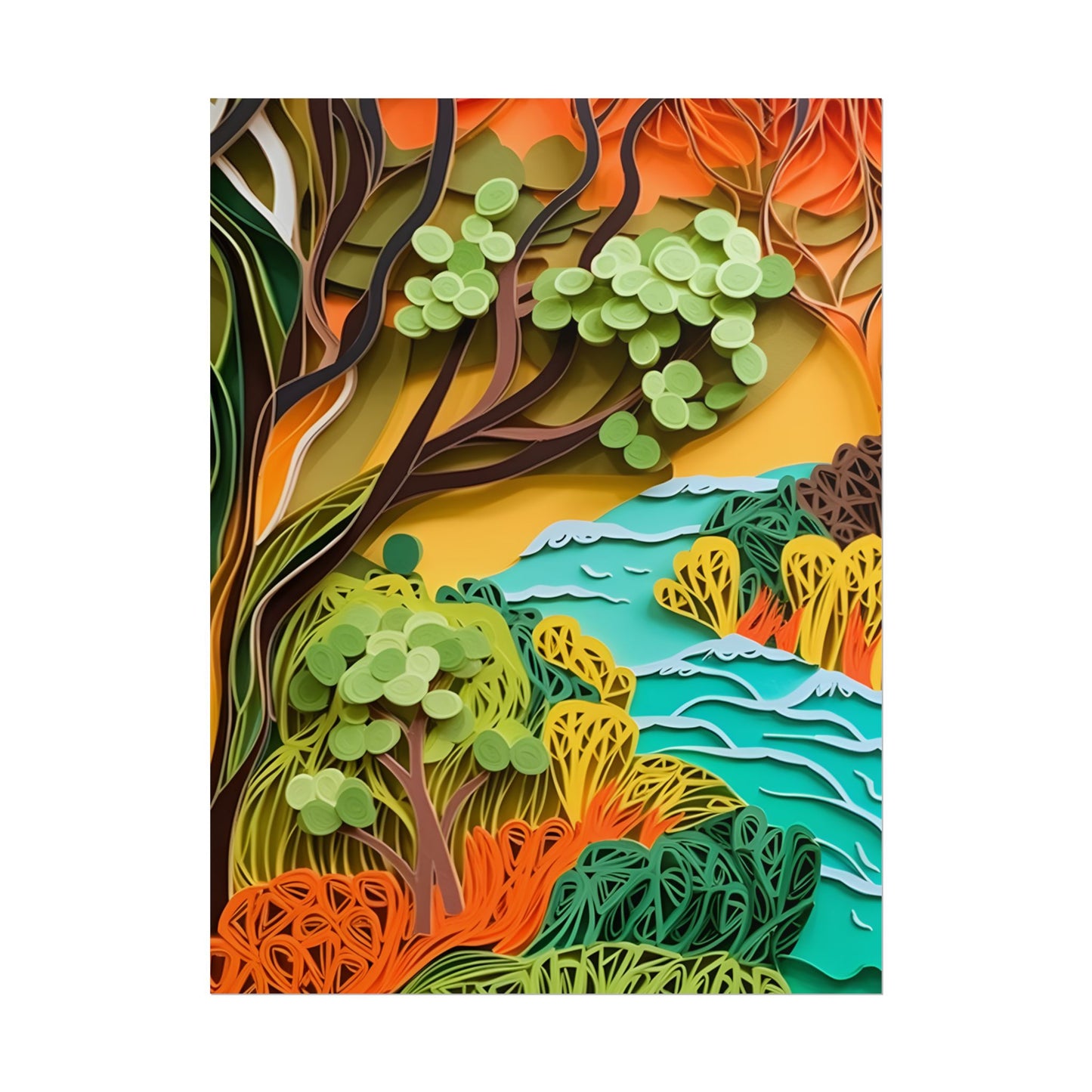 African Paper Quilled Landscape: Artwork in Brown and Green - Poster