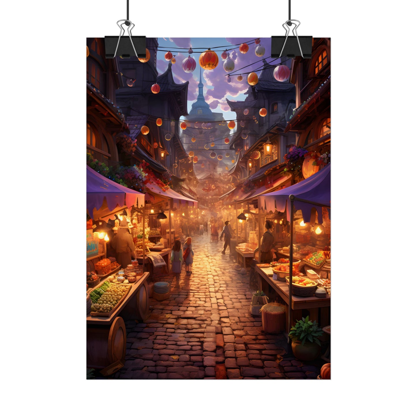 Magical Street Food Market: Vibrant Enchanted Scene Art - Poster