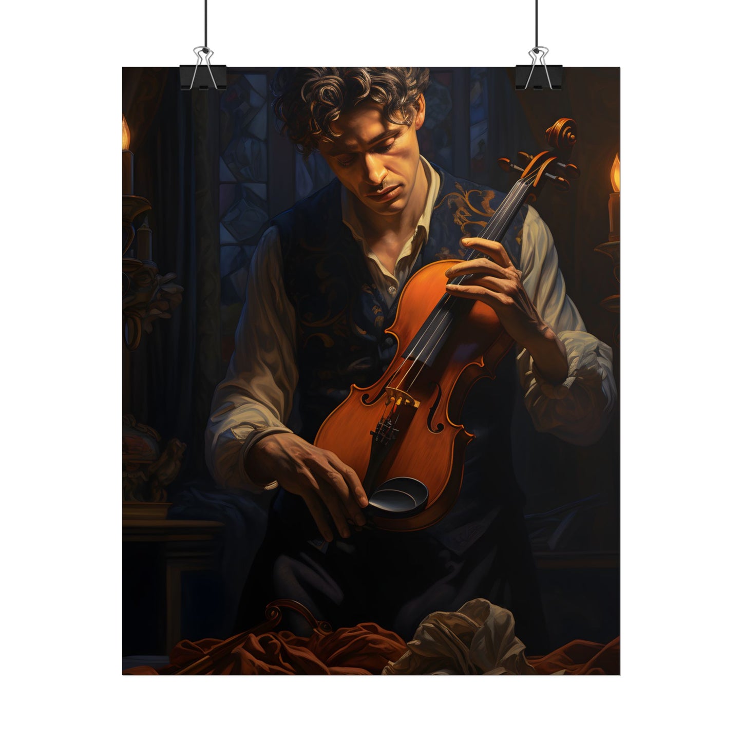 Enigmatic Musician in Dimly Lit Room: Mysterious Piano Performance Art - Poster