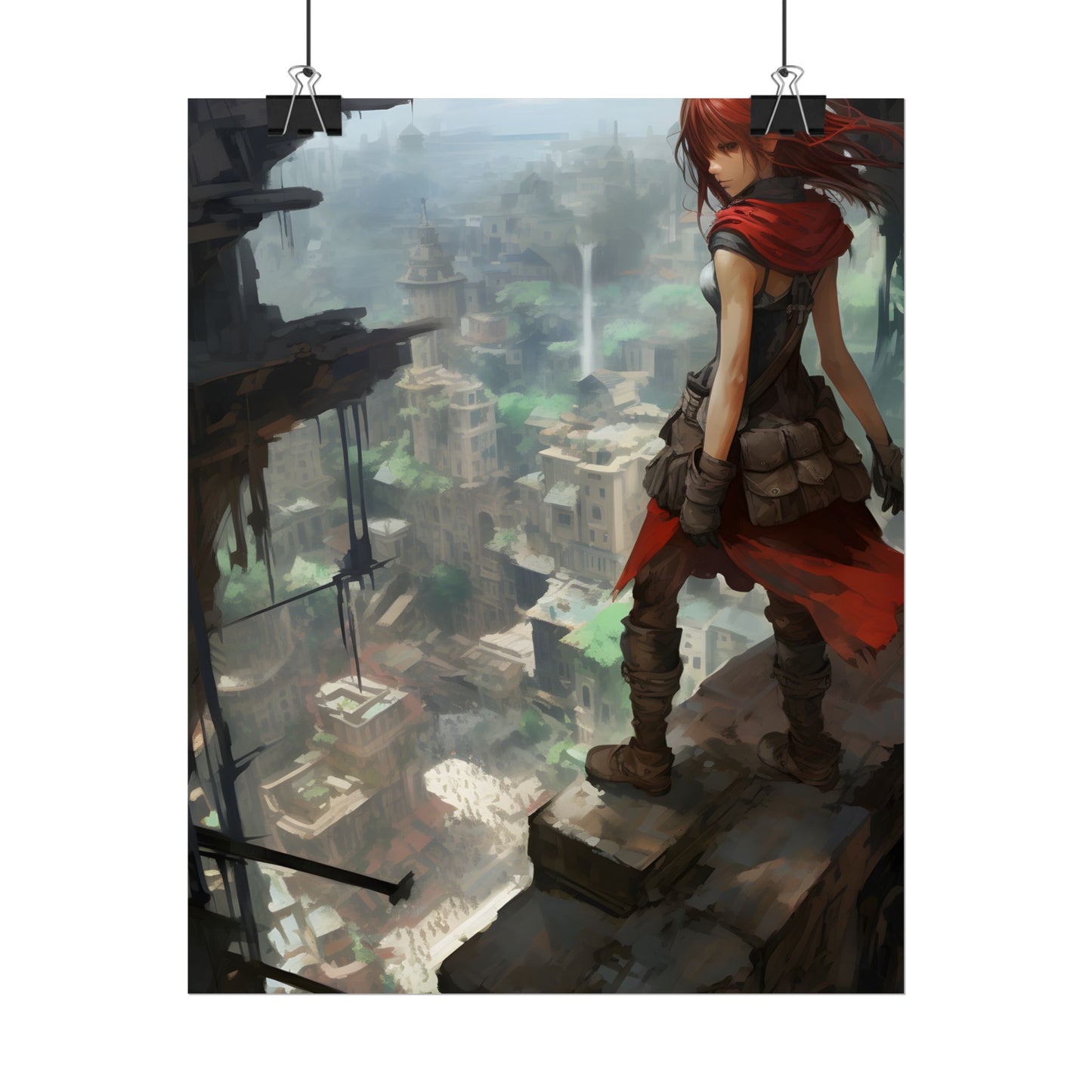 Dramatic Anime Bird's Eye View: Red Haired Heroine in Flight - Poster