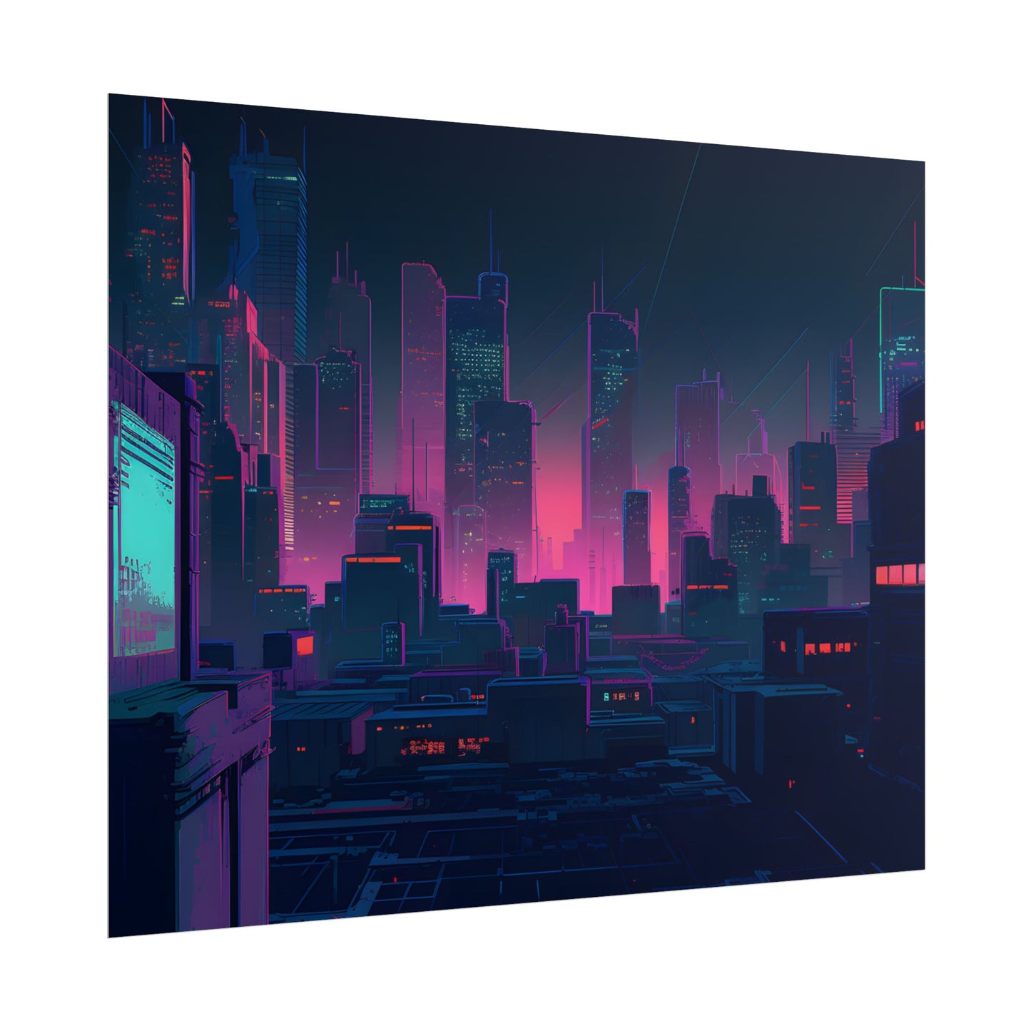 Melancholic Cyberpunk City: Nighttime Scene Digital Art - Poster