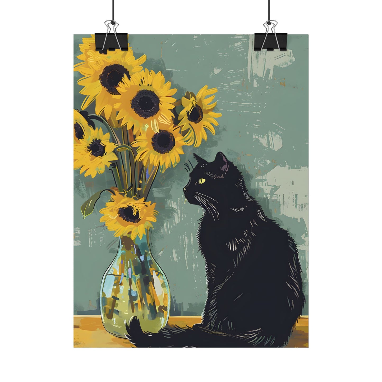 Whispers in the Sun: A Black Cat's Serene Moment with Sunflowers - Poster