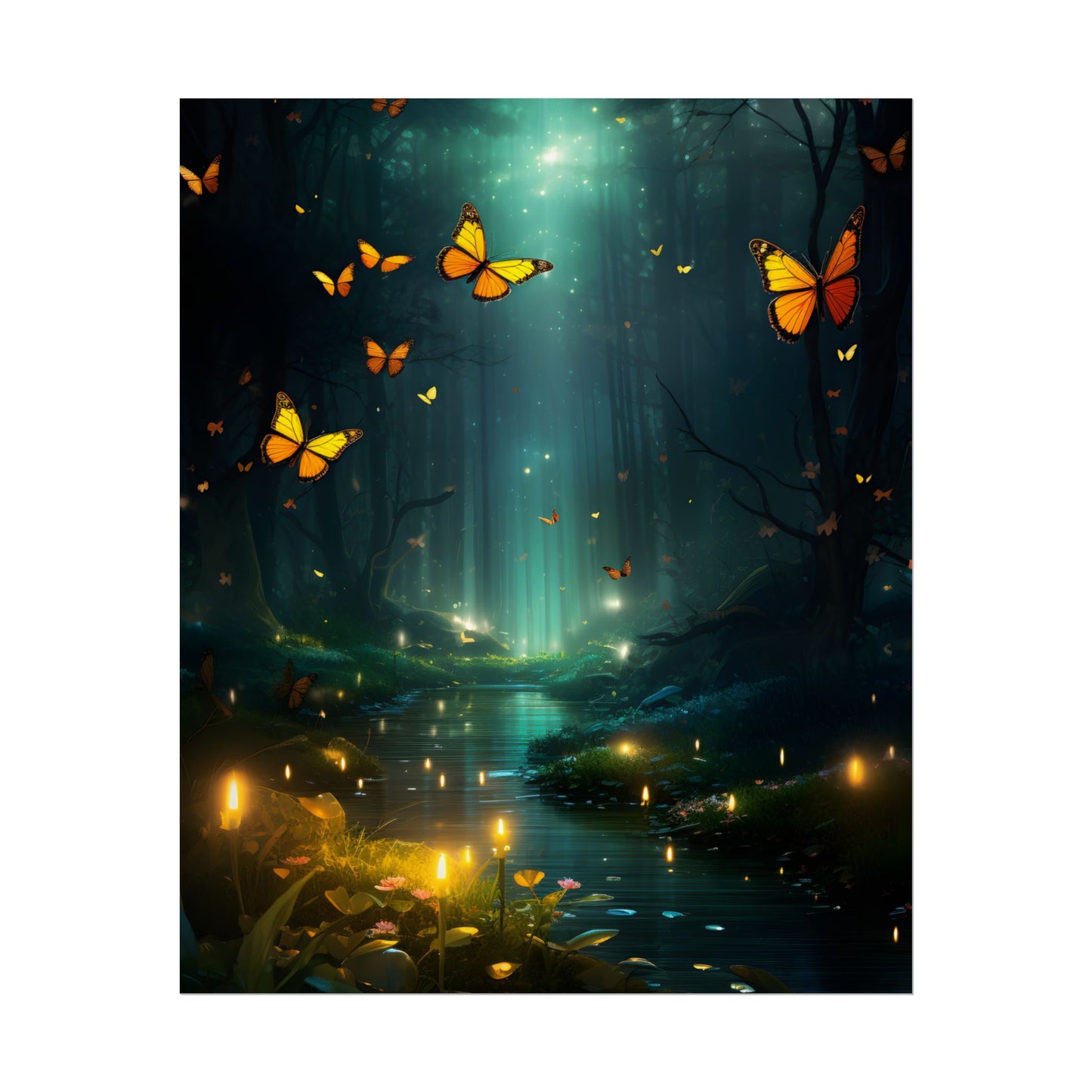Fantasy Night Bokeh Artwork: Glowing Fog Forest Painting - Poster