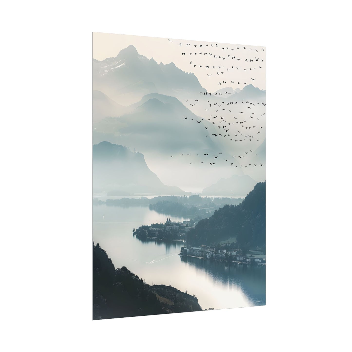 Serene Mountain Landscape: Bird's Eye View Art - Poster