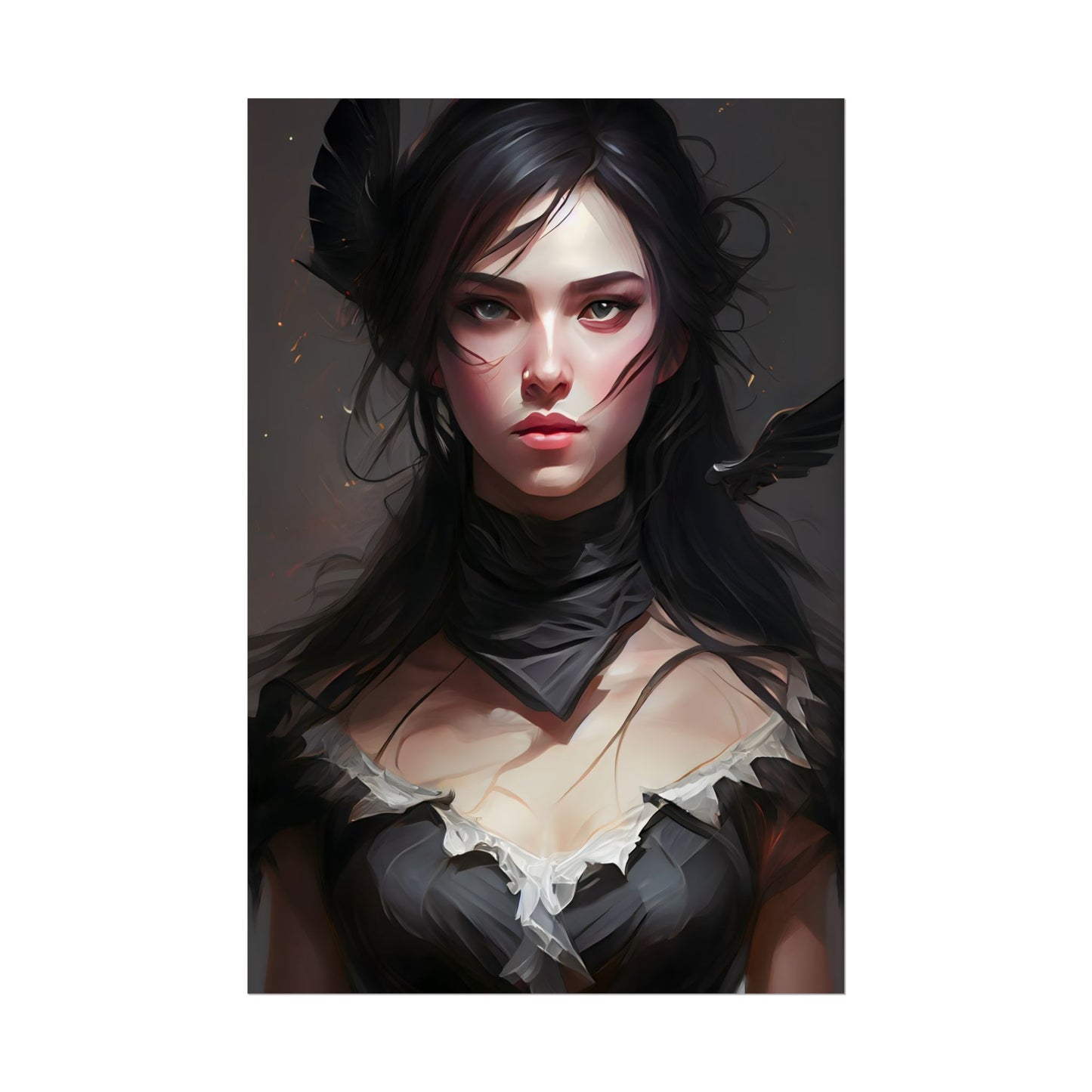 Female Portrait: Black Hair Artwork in Dark Background - Poster