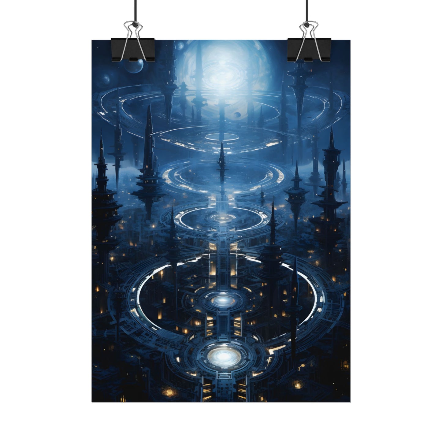 Aetherial Space Station: Galactic Hub in Vibrant Blue Nebula - Poster