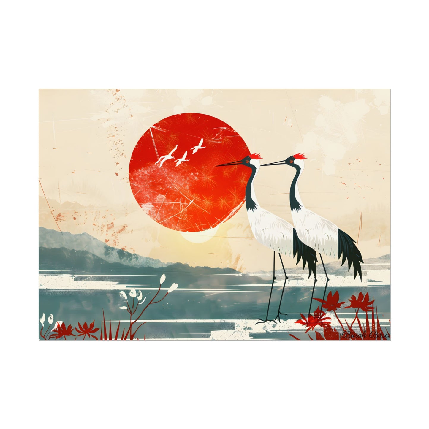 Serene Crane Landscape: Two Industrial Cranes in Nature - Poster