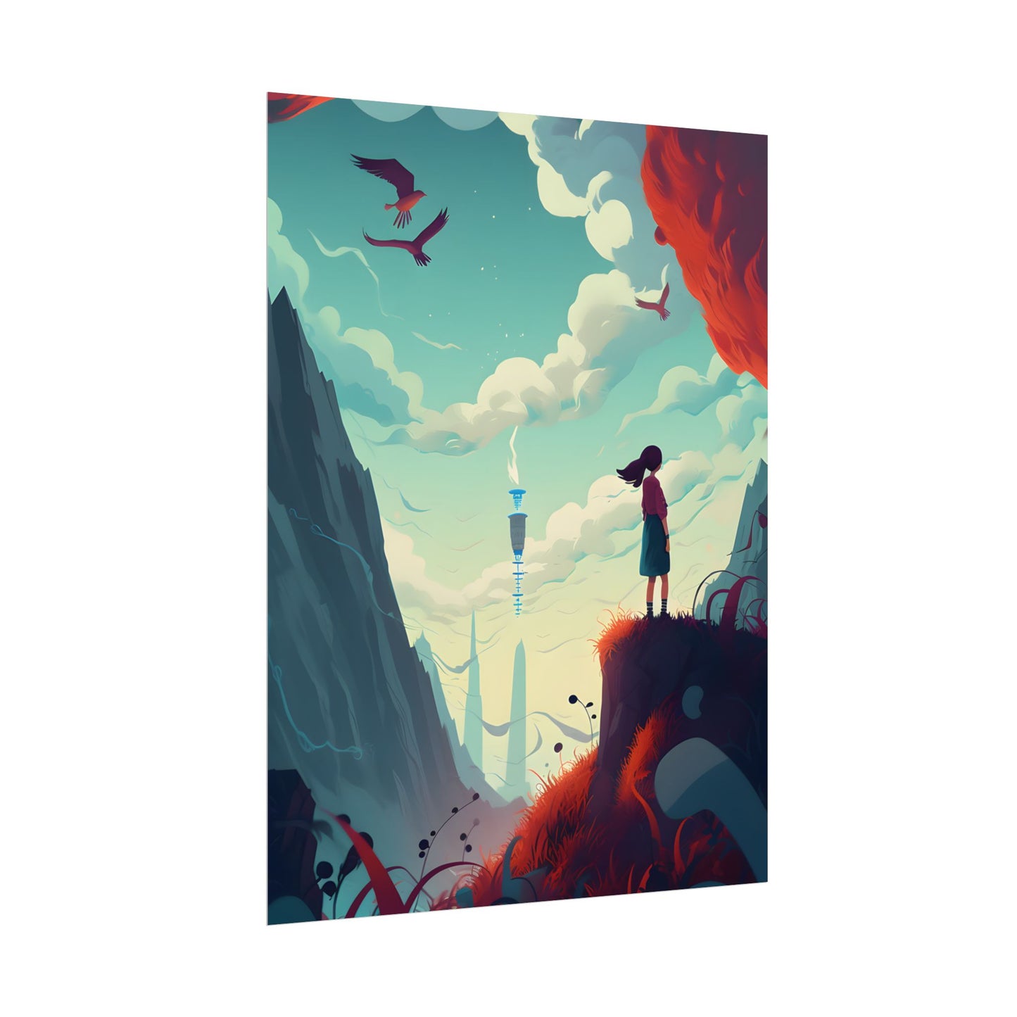 Cloudy Meadow: Boy and Girl in Serene Nature Scene - Poster