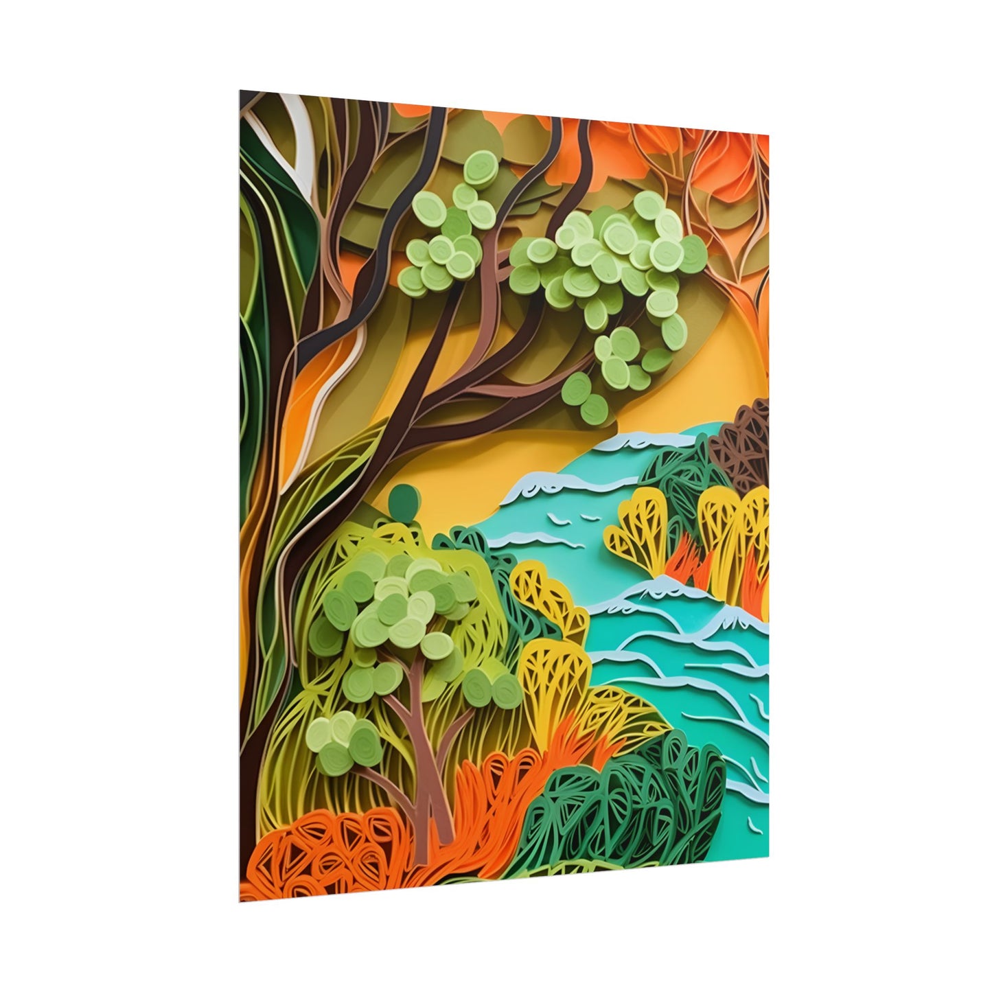 African Paper Quilled Landscape: Artwork in Brown and Green - Poster