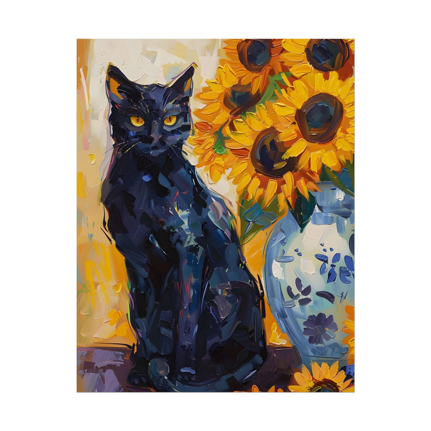 Whiskers by Sunshine: Black Cat in a Blooming Garden - Poster