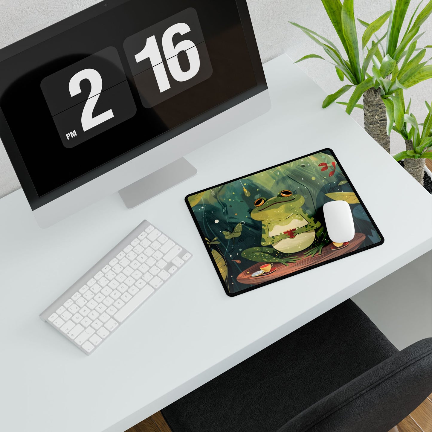 Whimsical Frog on Water: Playful Lily Pad Illustration - Desk Mat