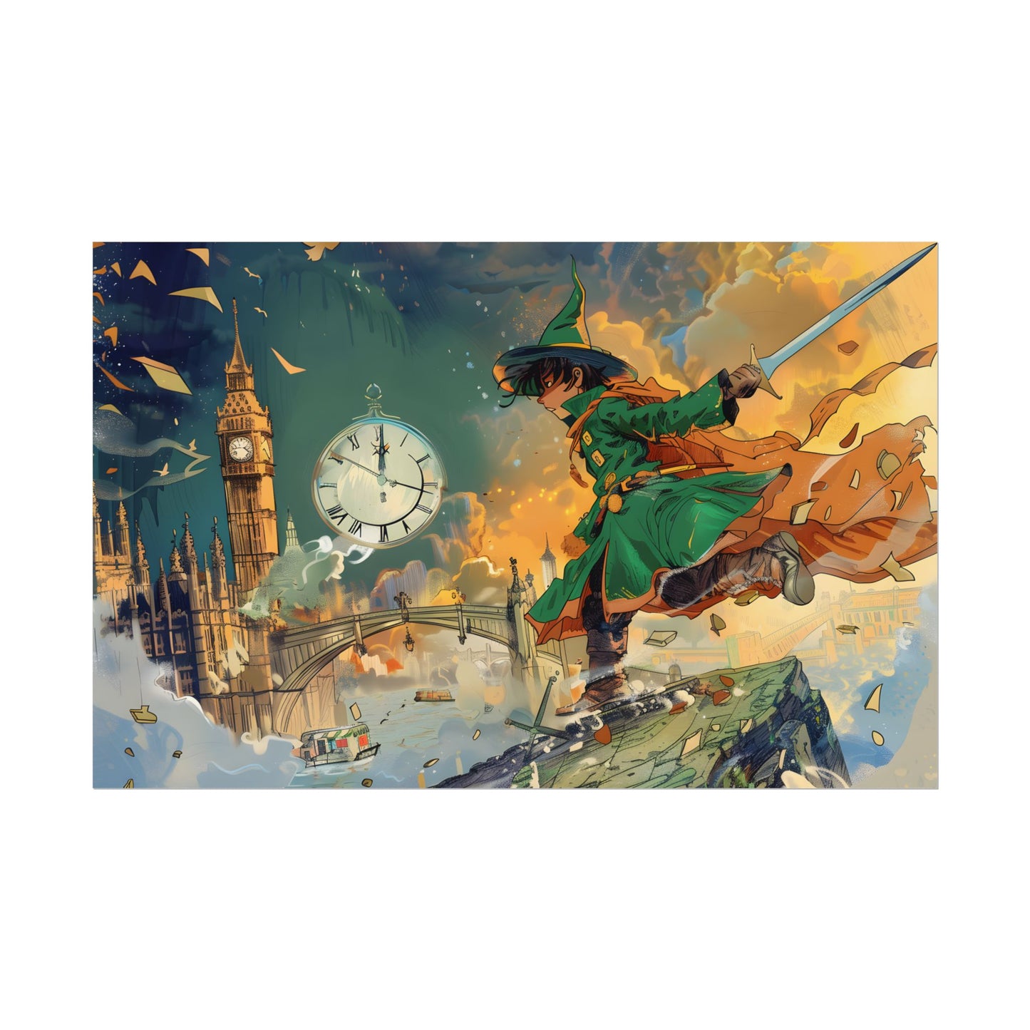 Whimsical Green Tunic Boy: Mischievous Illustration - Poster