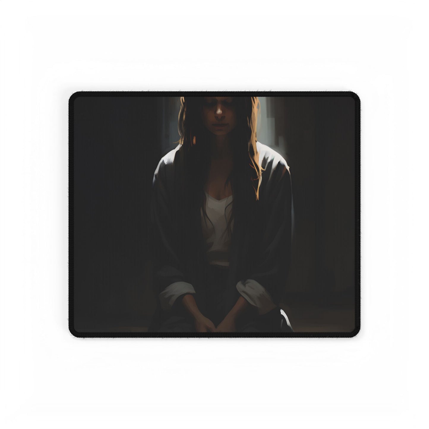 Serene Moment: Digital Artwork of a Person in Front of a Building with Trees - Desk Mat