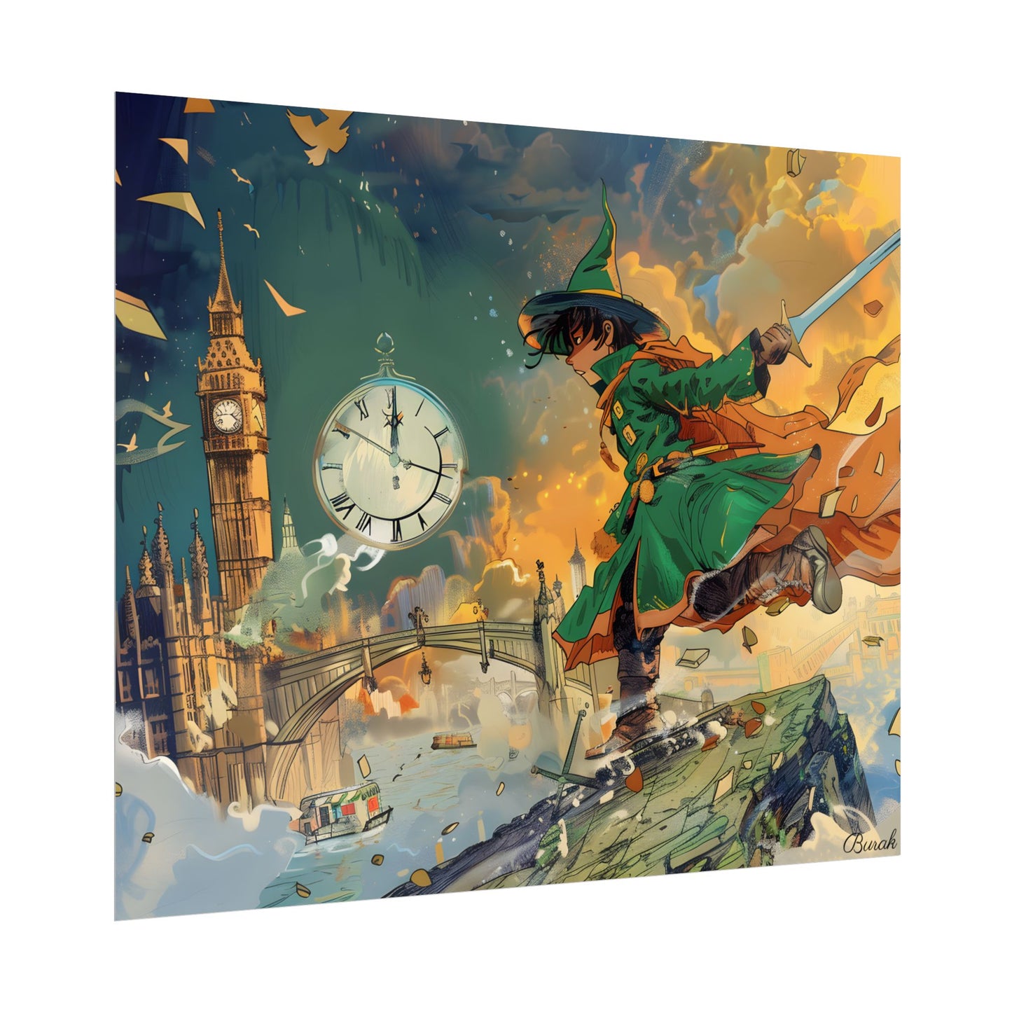 Whimsical Green Tunic Boy: Mischievous Illustration - Poster