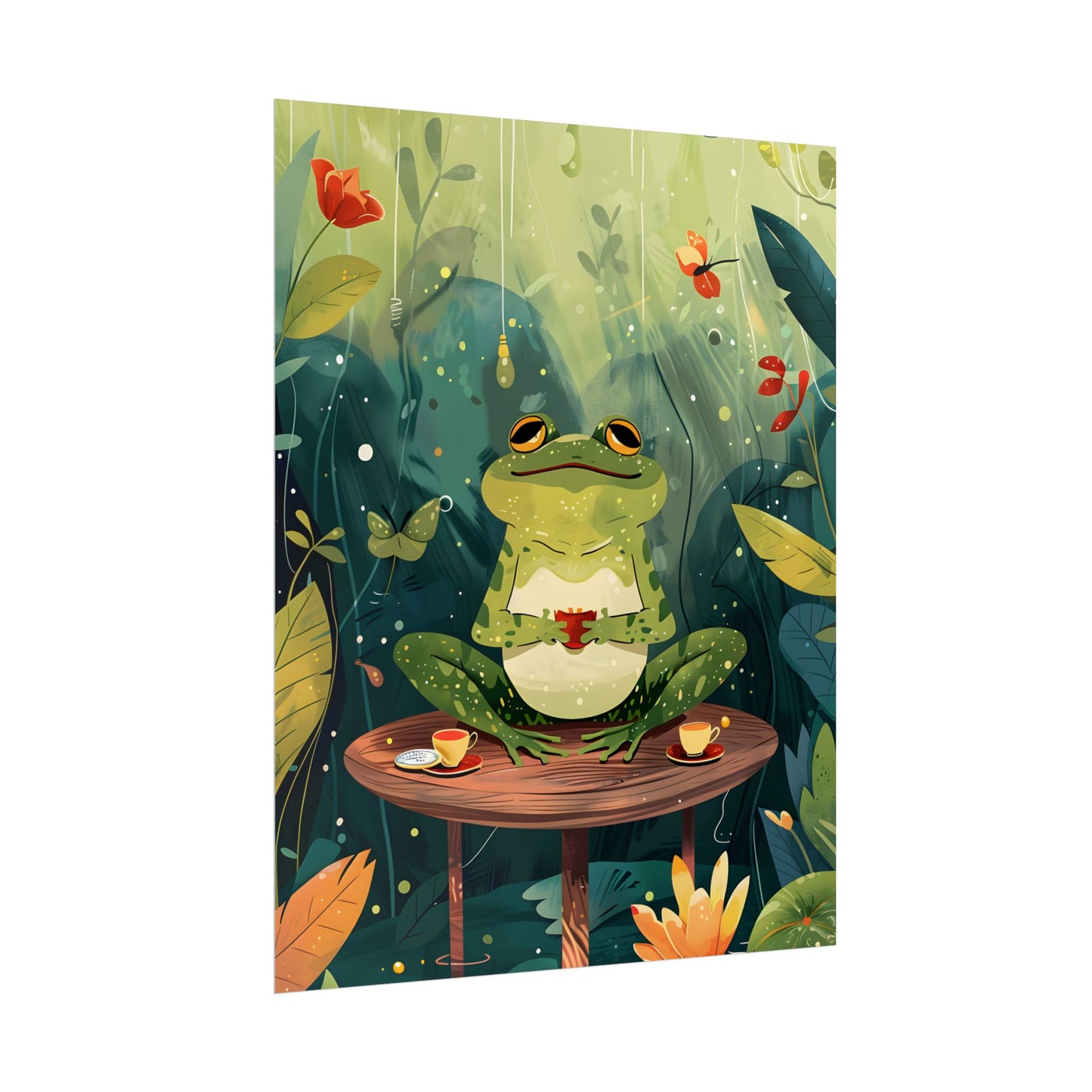 Whimsical Frog on Water: Playful Lily Pad Illustration - Poster