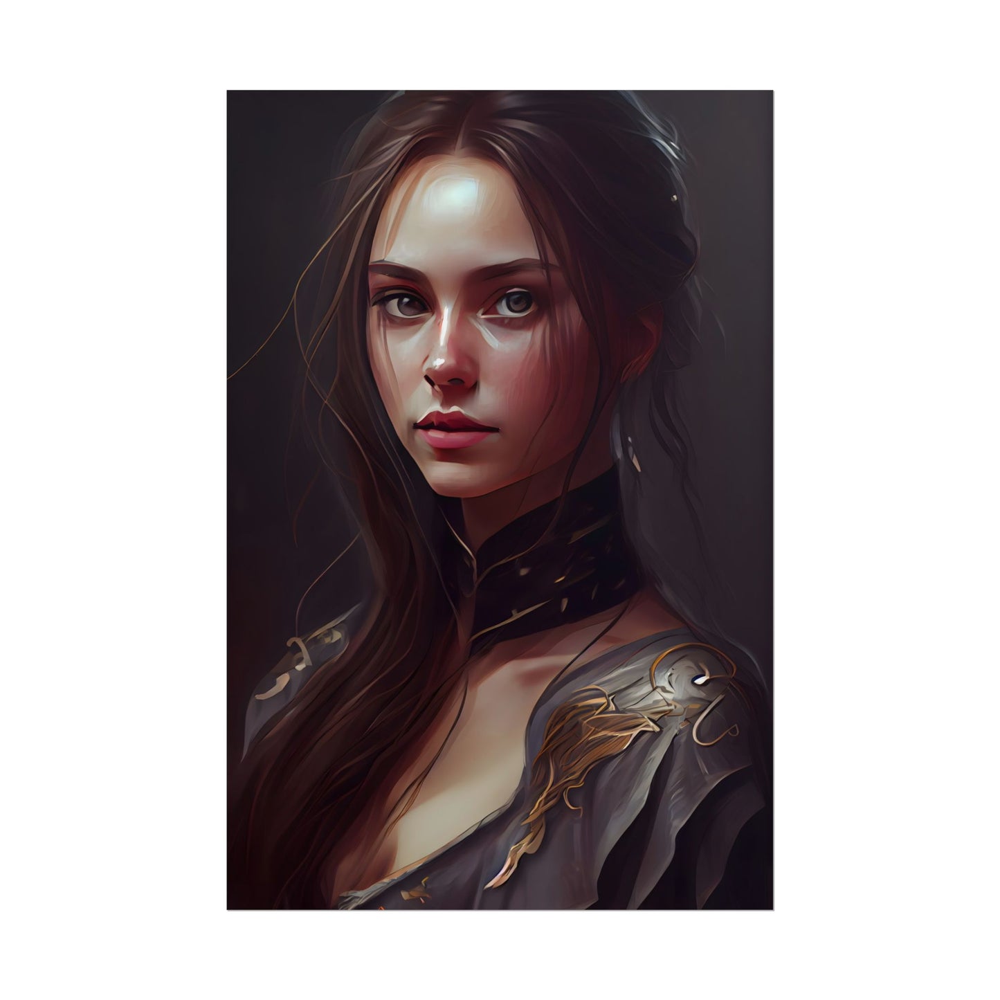 Elegant Indoor Portrait: Brown Hair Beauty - Poster