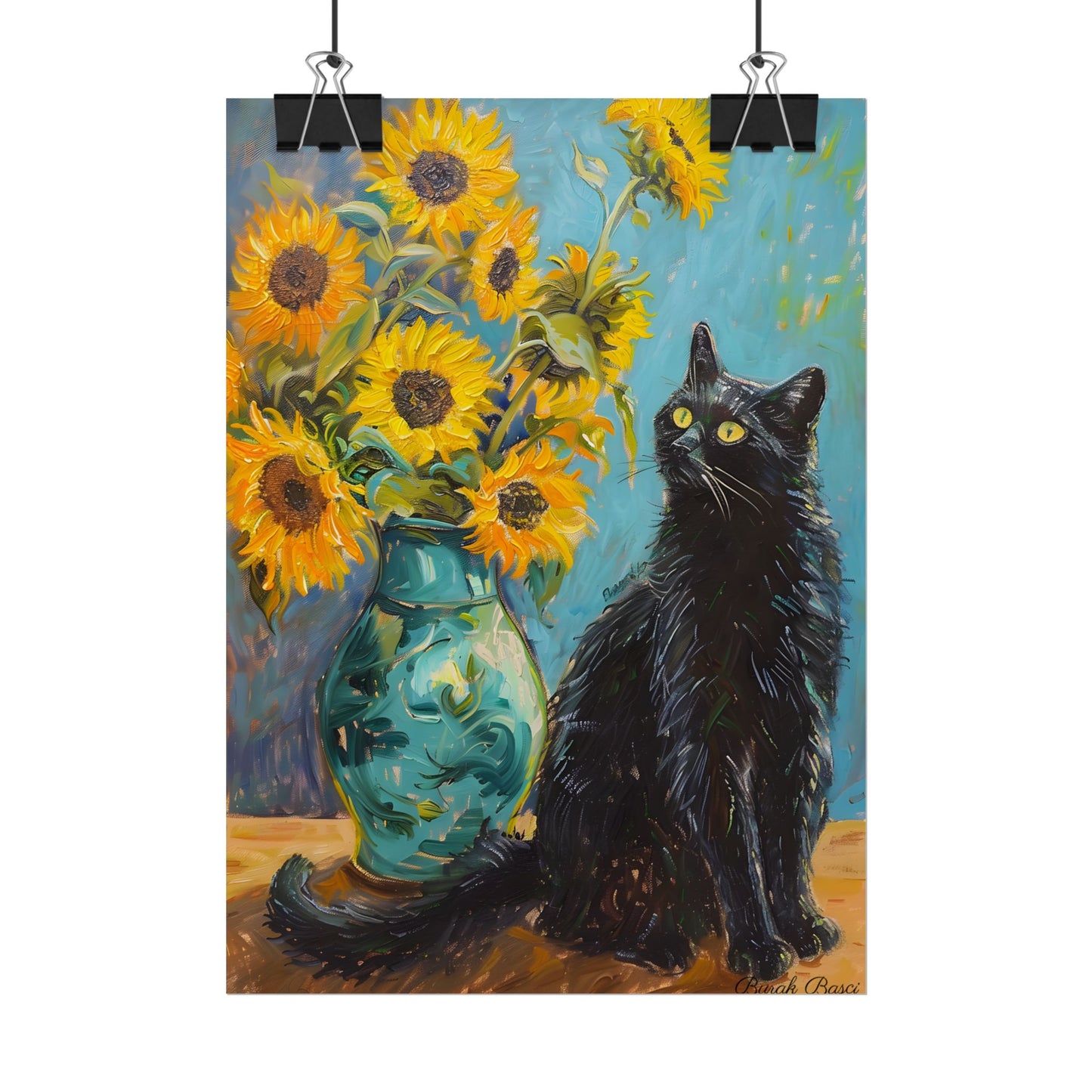 Whispers in the Garden: A Black Cat Among Sunflowers - Poster