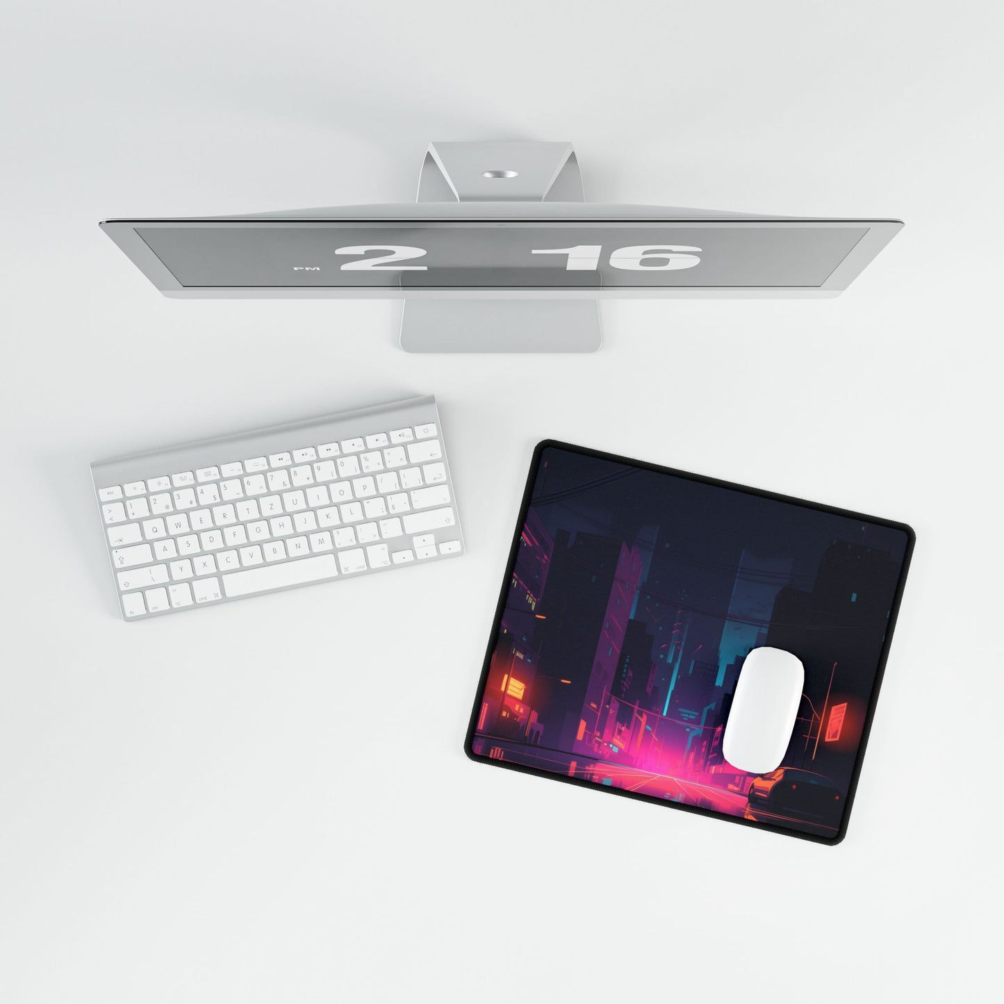 Cyberpunk Night: Moody Cityscape with Unique Architecture - Desk Mat