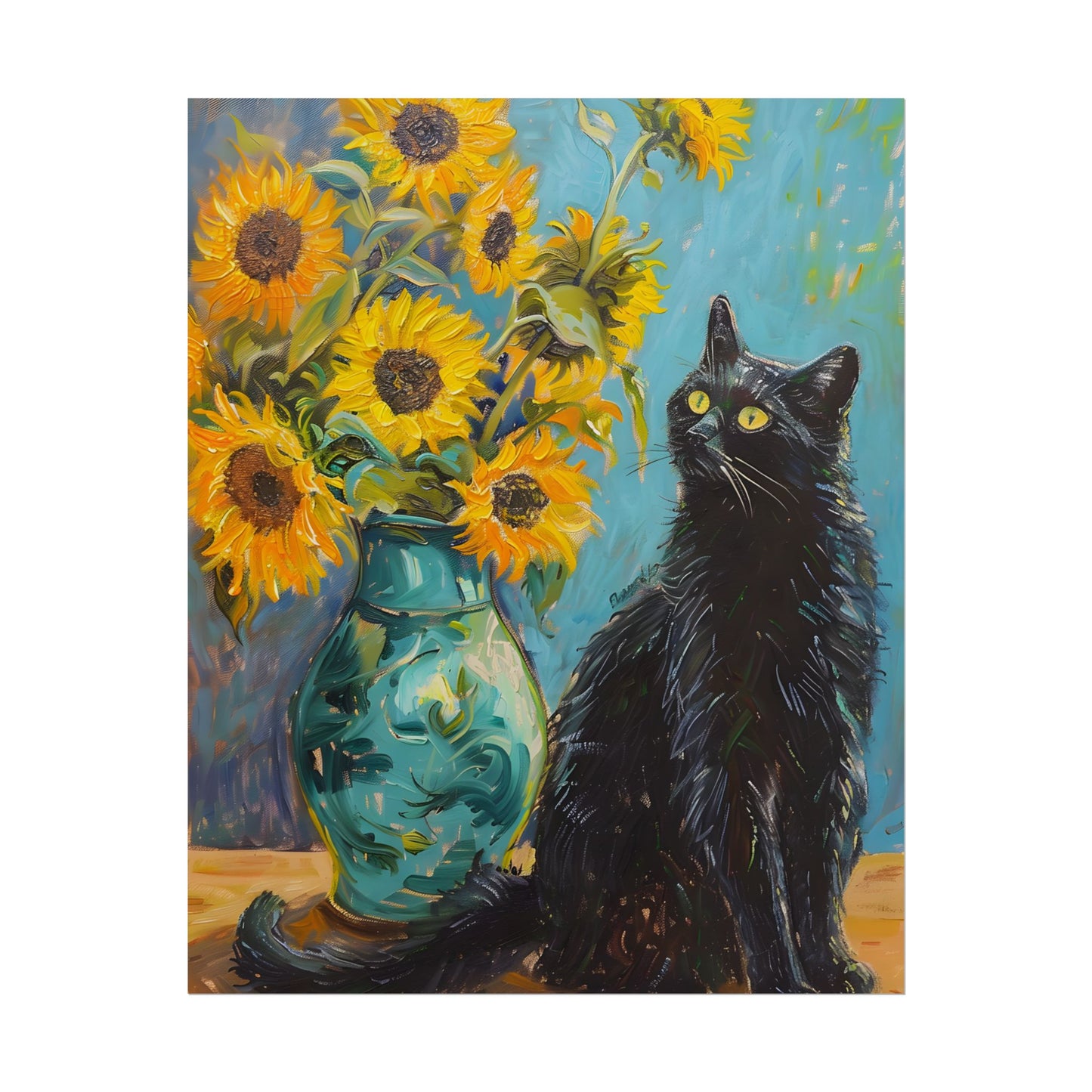 Whispers in the Garden: A Black Cat Among Sunflowers - Poster
