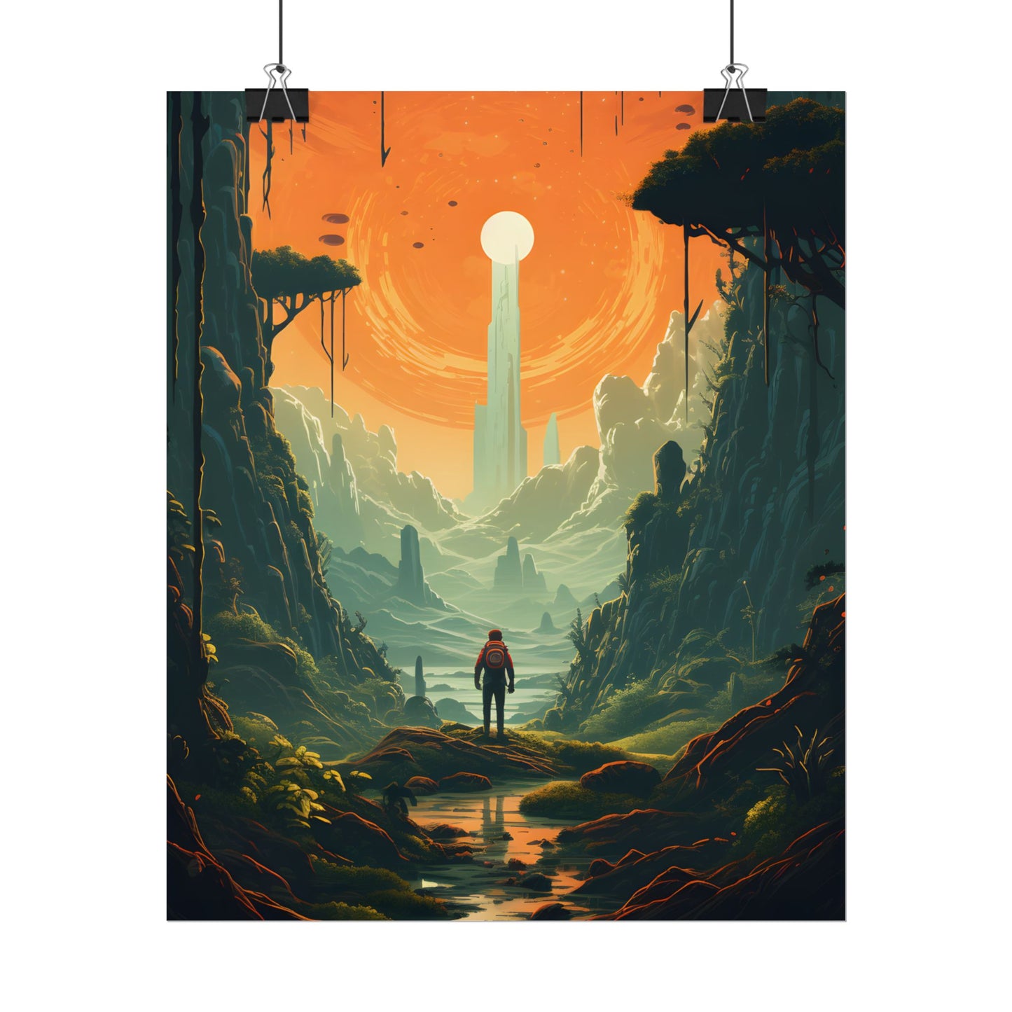 Futuristic Wilderness Explorer: Solo Discovery in Sci-Fi Terrain - Poster