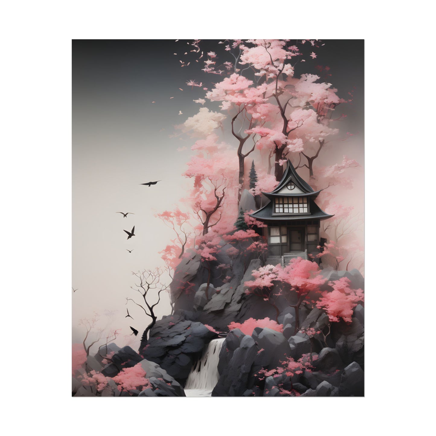 Ash Magenta Masterpiece: Rugged Landscape with Moss Green Forest - Poster