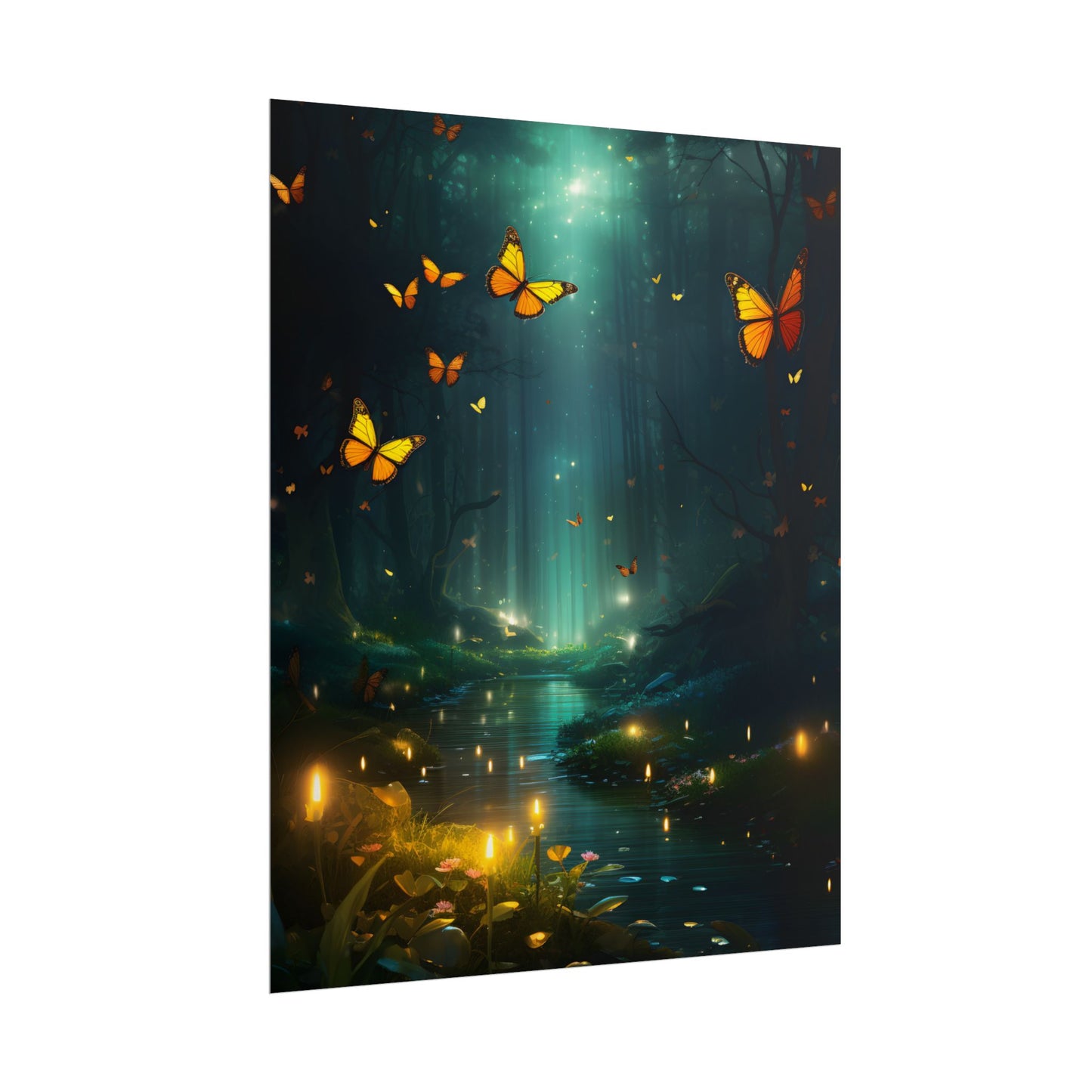 Fantasy Night Bokeh Artwork: Glowing Fog Forest Painting - Poster