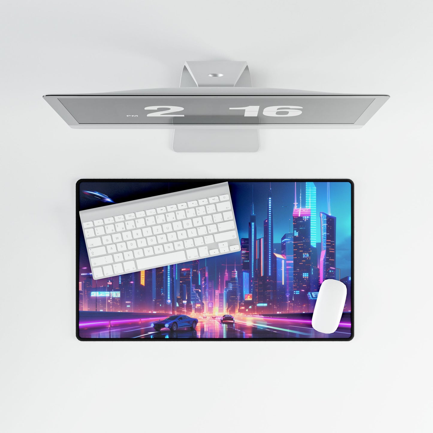 Futuristic City Glow: Neon Lights Digital Art - Desk Mat