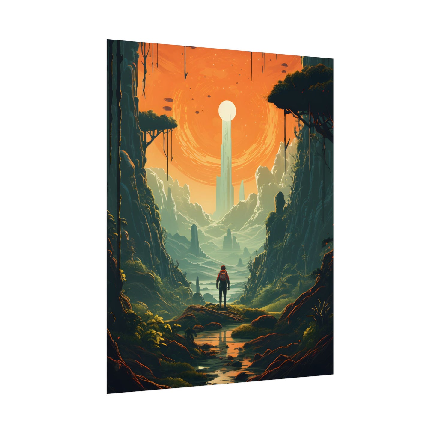 Futuristic Wilderness Explorer: Solo Discovery in Sci-Fi Terrain - Poster