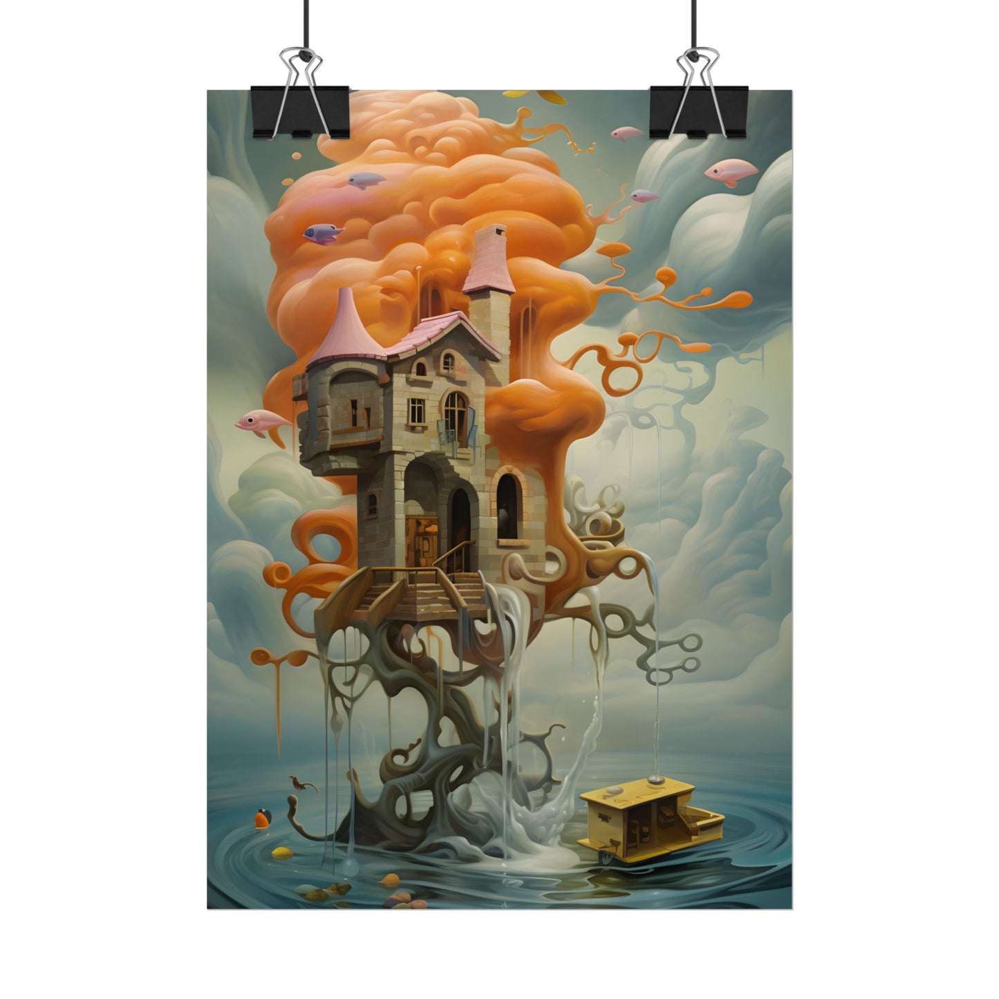 Surreal Dreamscape: Orange Mushroom in Psychedelic Landscape - Poster